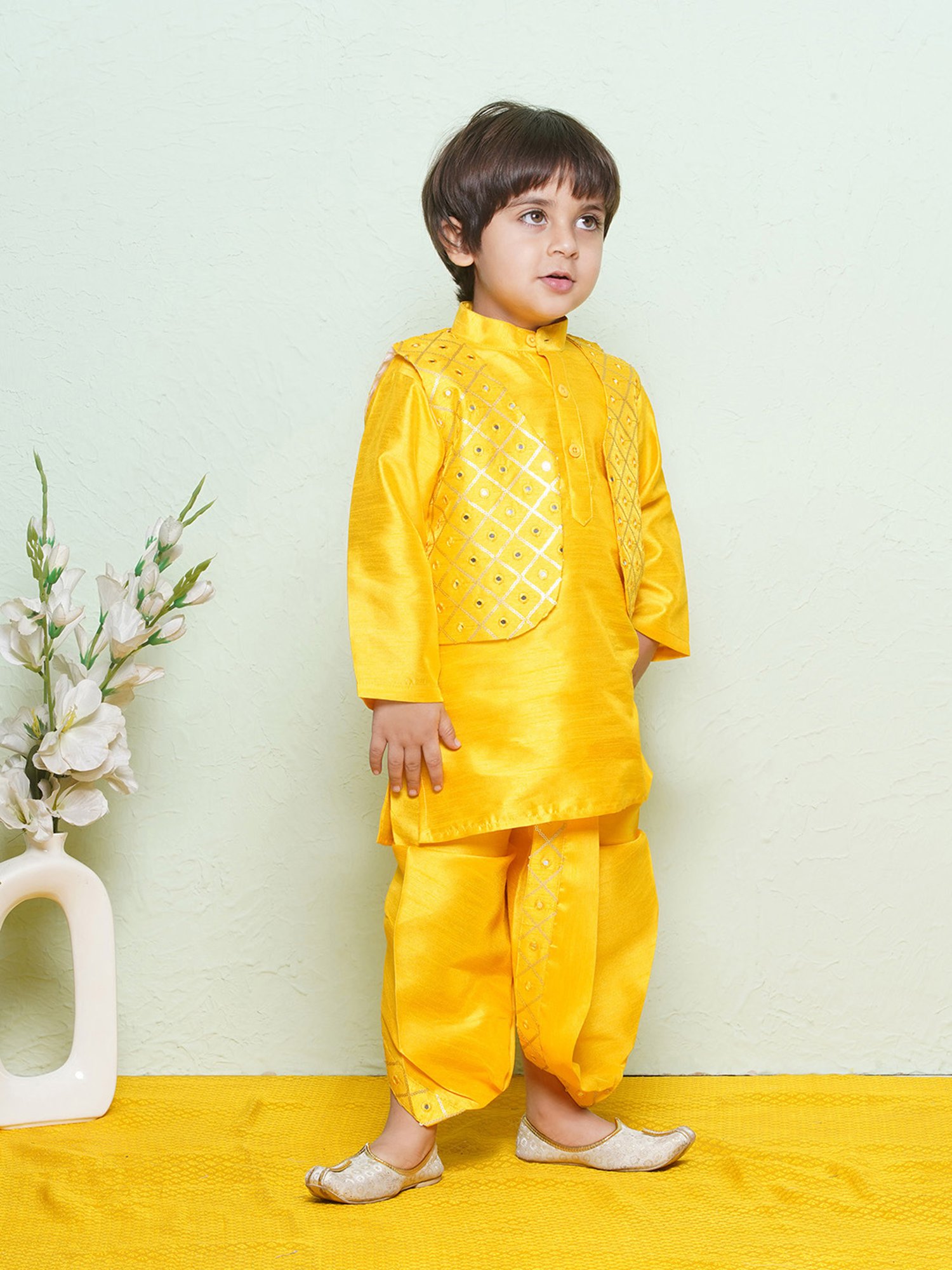 AJ Dezines Kids Mustard Embellished Full Sleeves Kurta, Dhoti with Waistcoat