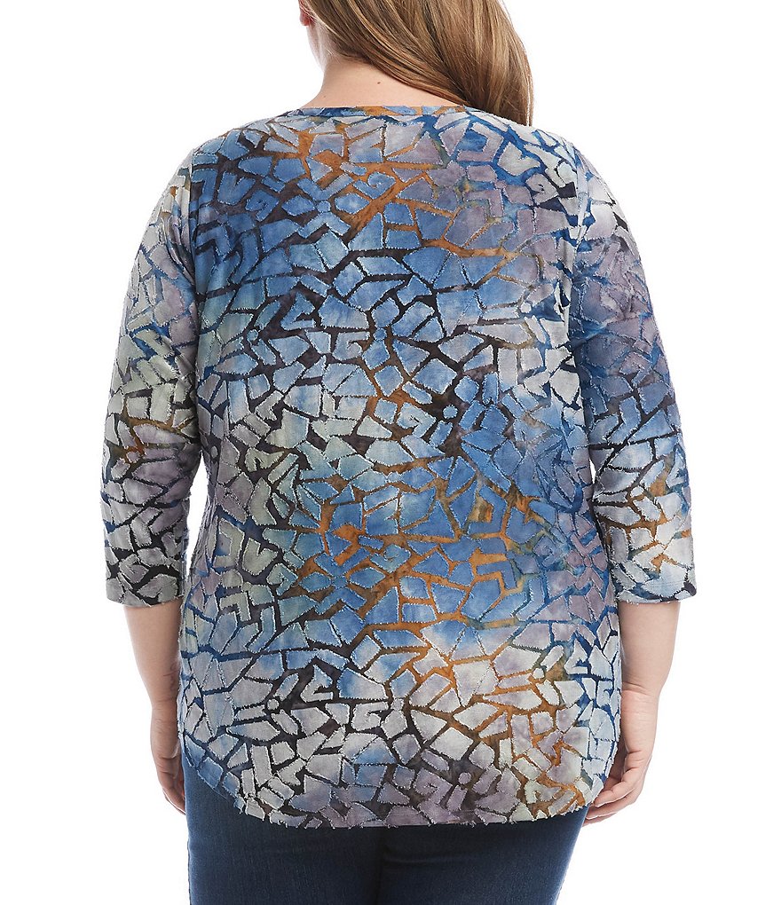 Karen Kane Plus Size Tie Dye Abstract Geographic Burnout Scoop Neck 3/4 Sleeve Tee