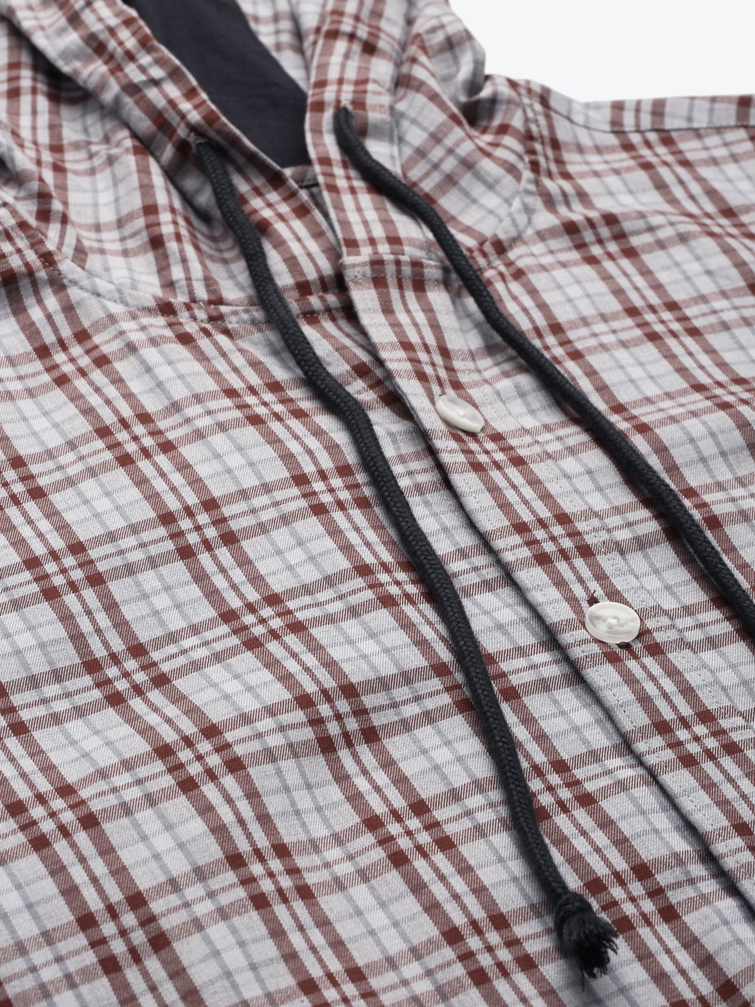 Don Vino Grey & Brown Regular Fit Check Cotton Hooded Shirt