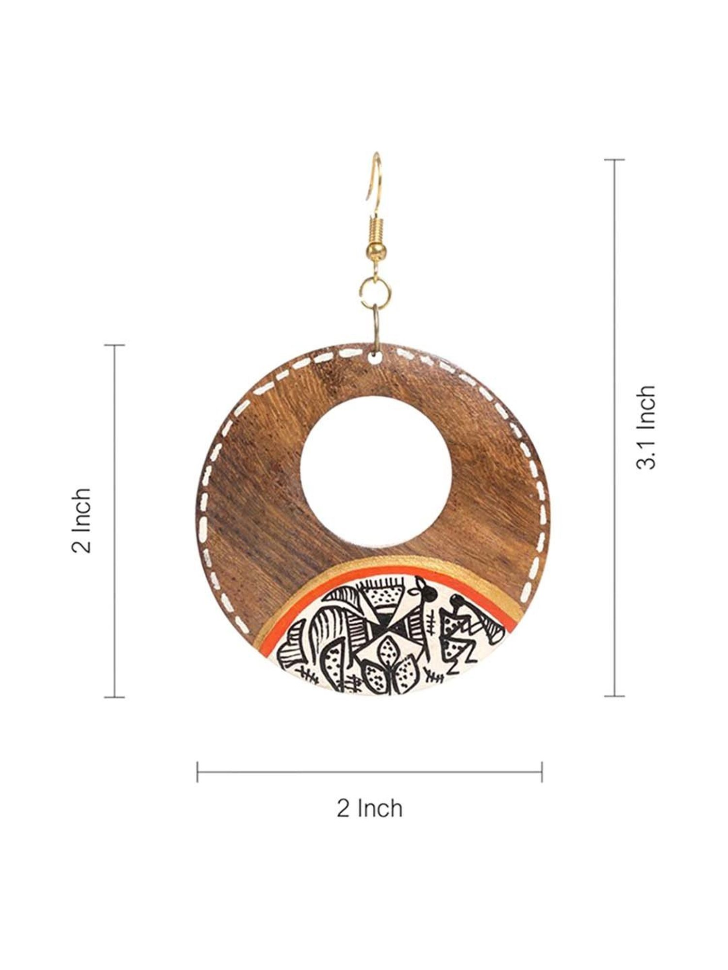 ExclusiveLane 'Tribal Warli Rounds' Brown Earrings in Warli Art (Sheesham Wood)
