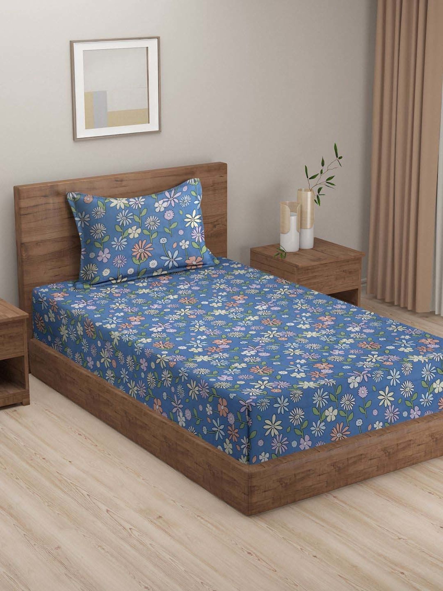 HOSTA HOMES Blue Cotton 280 TC Single Bedsheet with 1 Pillow cover