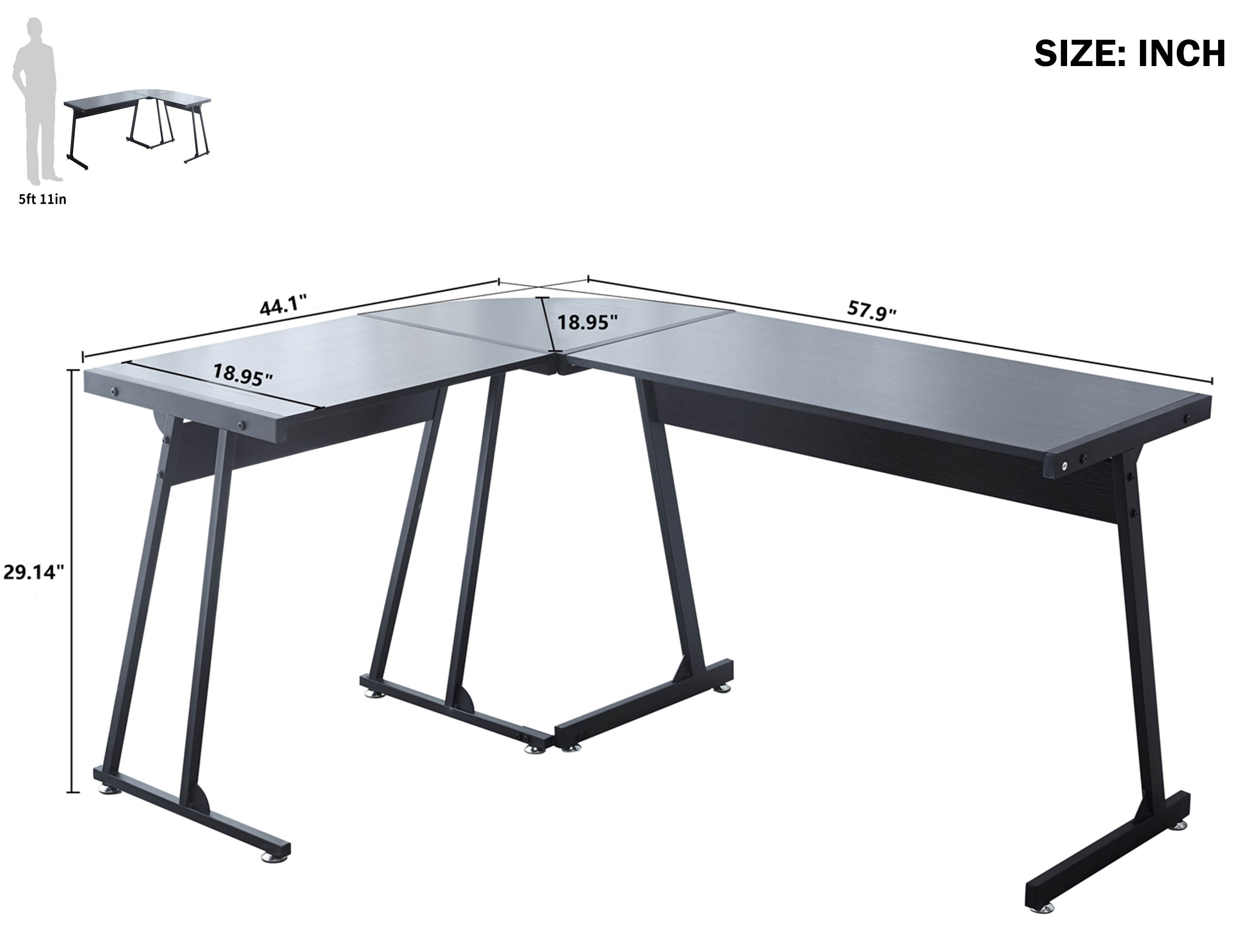 L-Shaped Computer Desk - 57.9" Home Office Corner Desk with Adjustable Keyboard Tray - Durable Black Surface Study Table for PC Laptop Gaming and Writing - with Sturdy Adjustable Steel Legs