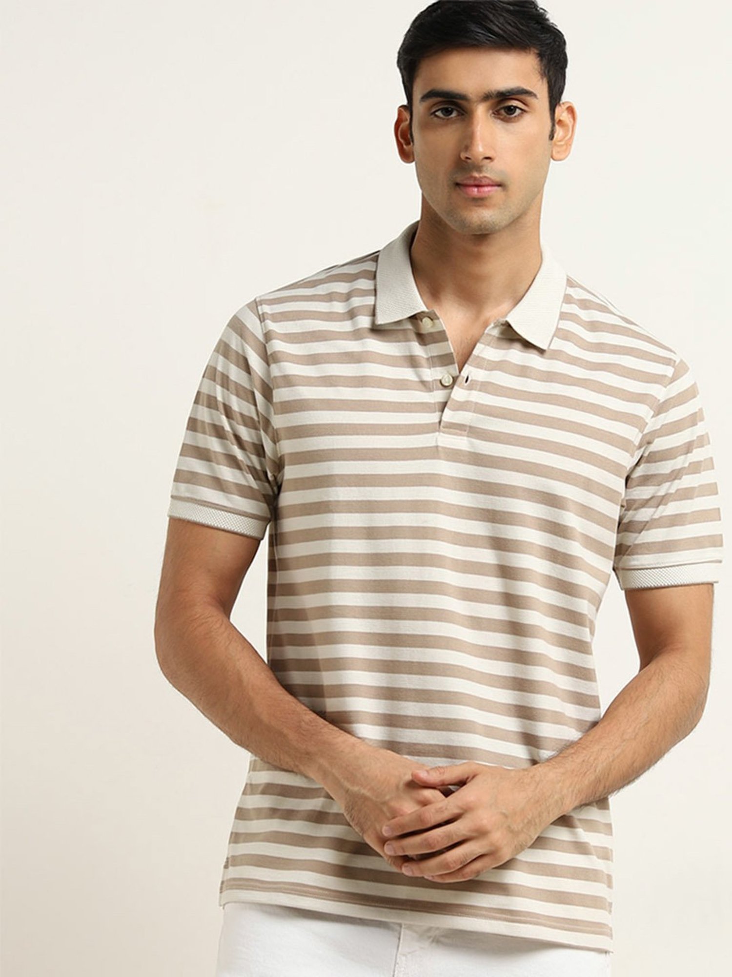 WES Casuals by Westside Beige Striped Relaxed-Fit Polo T-Shirt