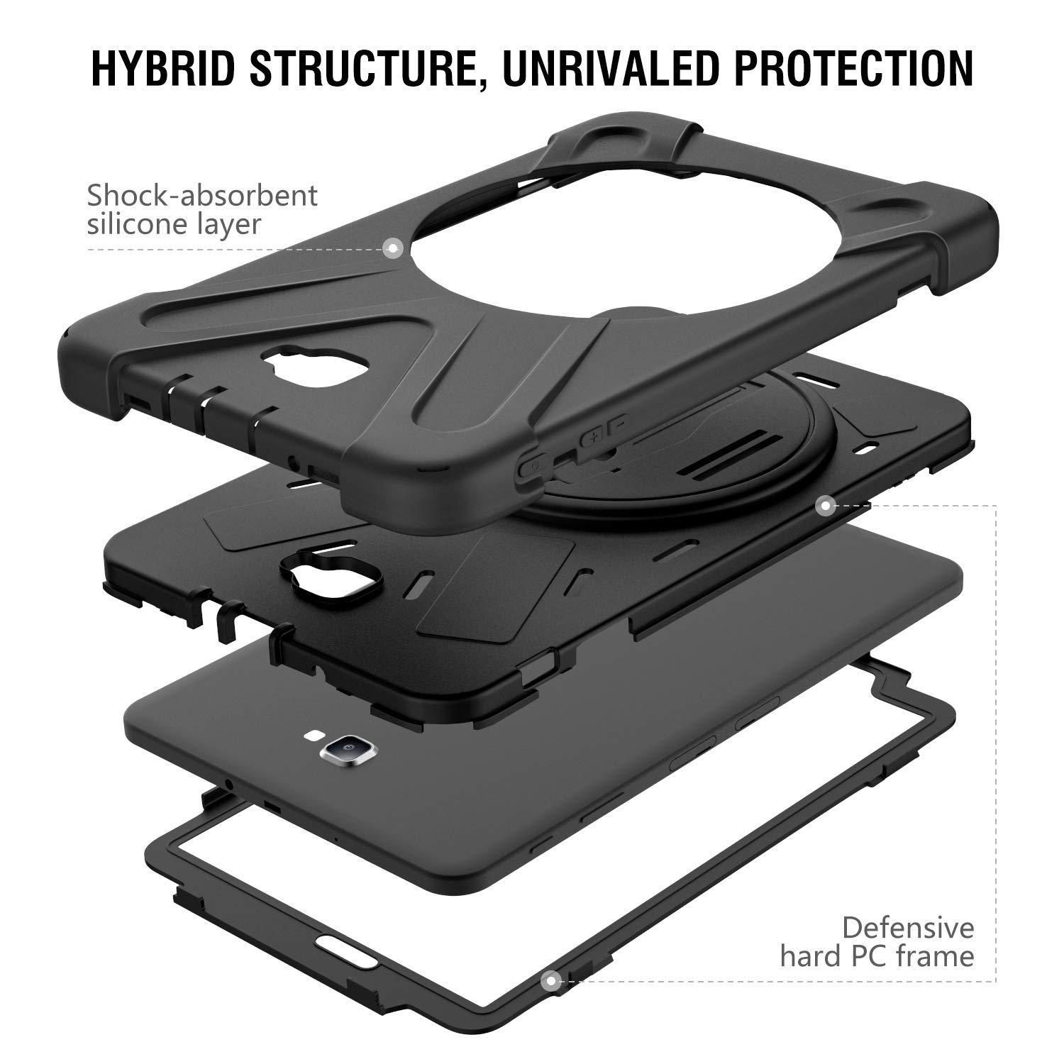moko samsung galaxy tab a 10.1 case, heavy duty shockproof fullbody hybrid rugged 360 degree rotating stand cover for galaxy tab a 10.1" tablet no s pen version smt580/t585  black