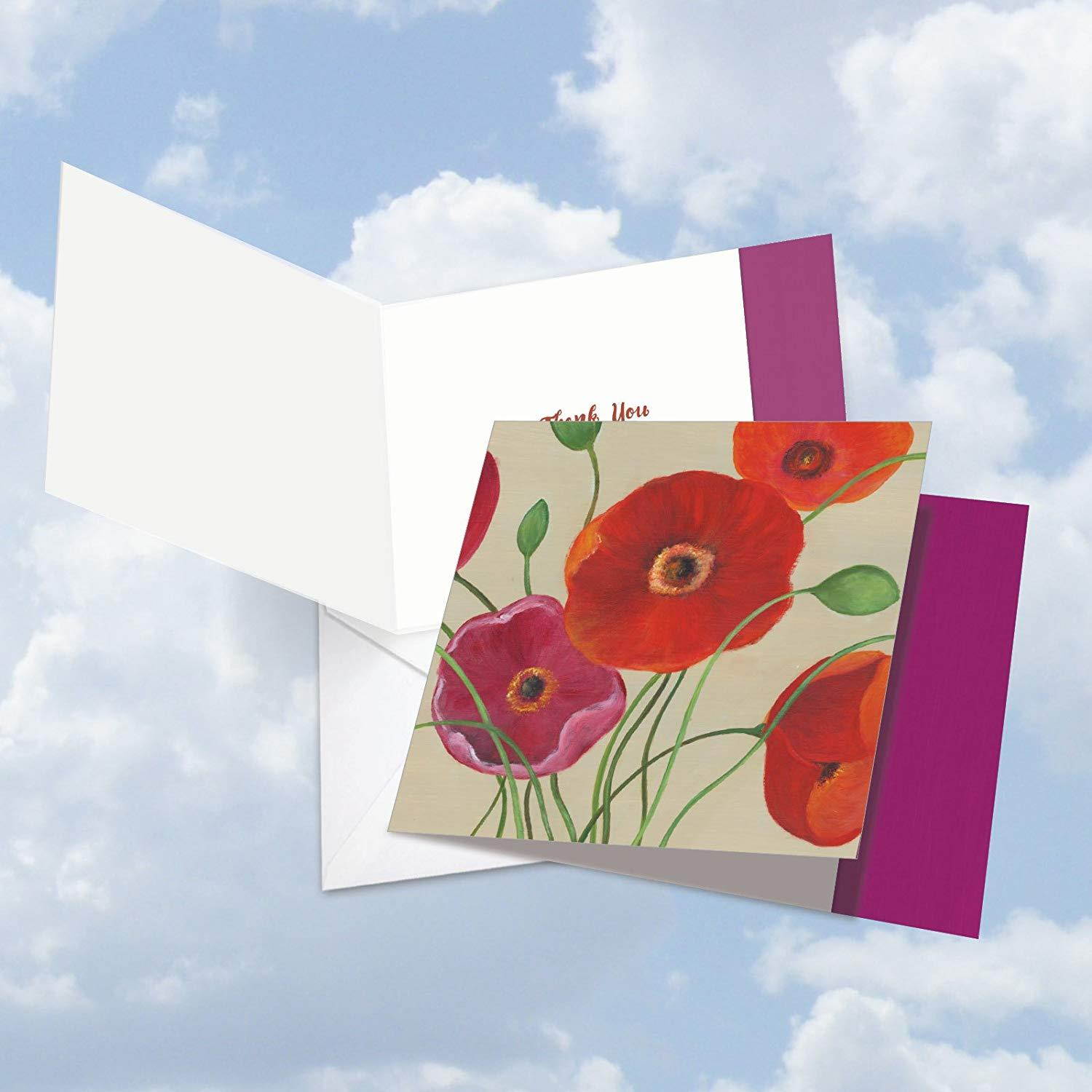 MQ4548TYG-B3x4 Painted Poppies: 12 Assorted 'Square-Top' Thank You Note Cards Featuring Bold and Vibrant Images of Colorful Poppy Flowers with Envelopes.