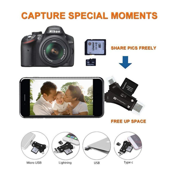 4 in 1 iPhone/Micro usb/USB Type-c/USB SD Card Reader for iPhone iPad Mac & Android, SD & Micro SD, PC