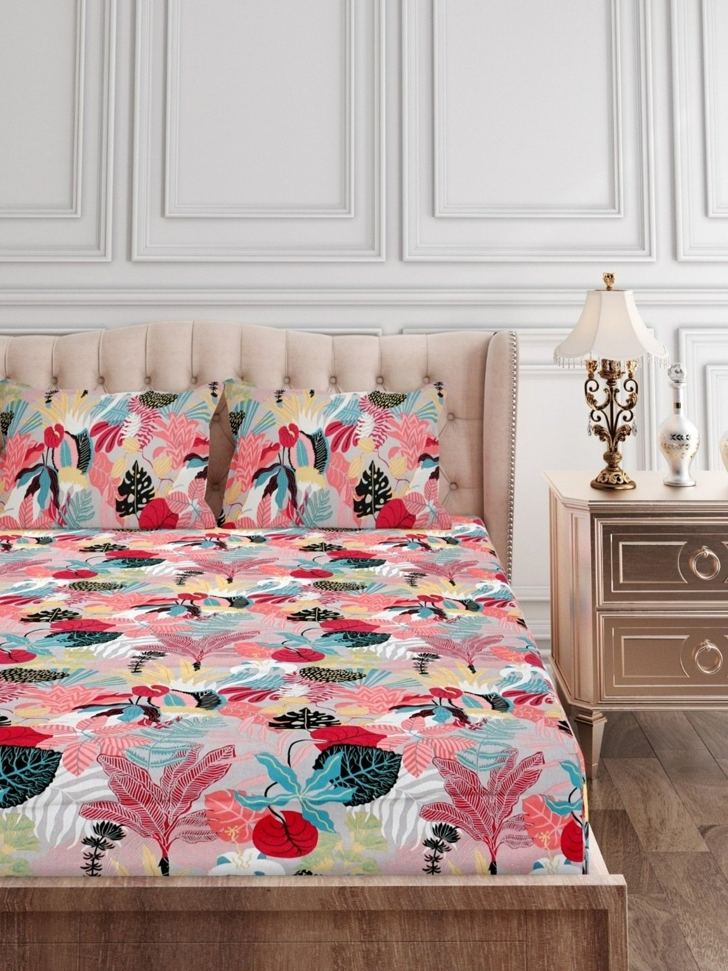 SEJ by Nisha Gupta Floral Pink 144 TC Cotton Double Bed Sheet with 2 Pillow Covers