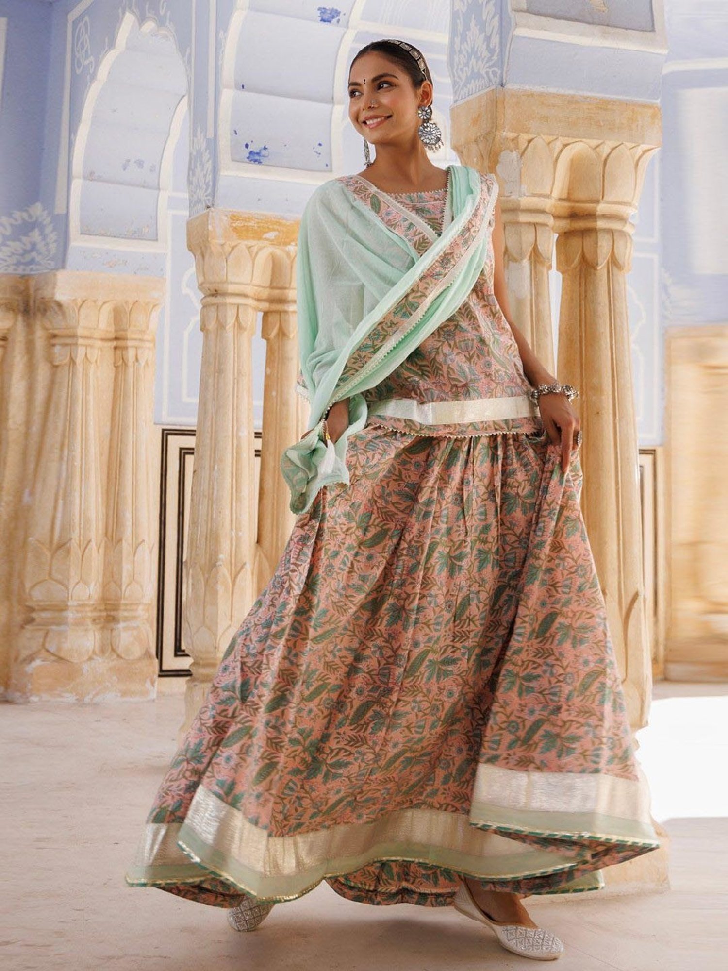 Geroo Jaipur Peach-Green Pure Cotton Hand Block Printed Skirt Set