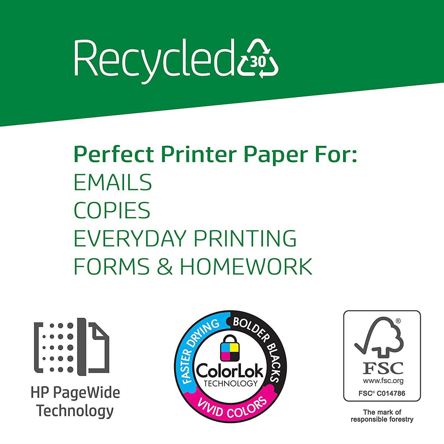 HP Printer Paper, Recycled 30% Paper, 8.5 x 11, Letter Size, 20lb, 92 Bright,  10 Ream Case / 5,000 Sheets (112100C) Acid Free Paper