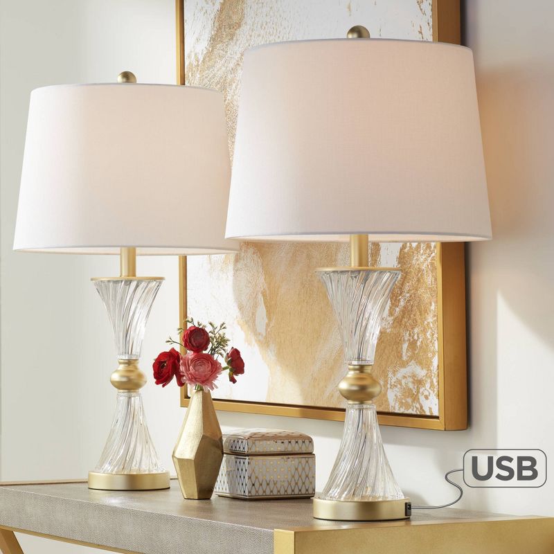 Regency Hill Traditional Glam Table Lamps Set of 2 with USB Charging Port Gold Twisting Glass White Tapered Drum Shade Living Room