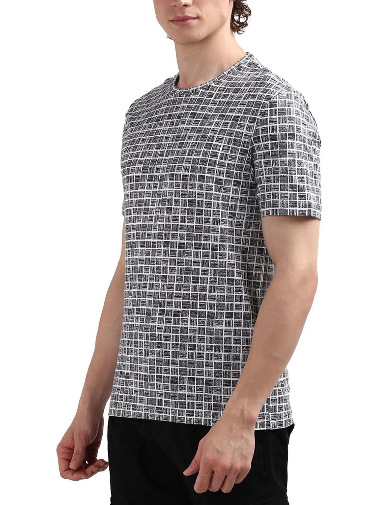 Calvin Klein Black Cotton Regular Fit Checks T-Shirt
