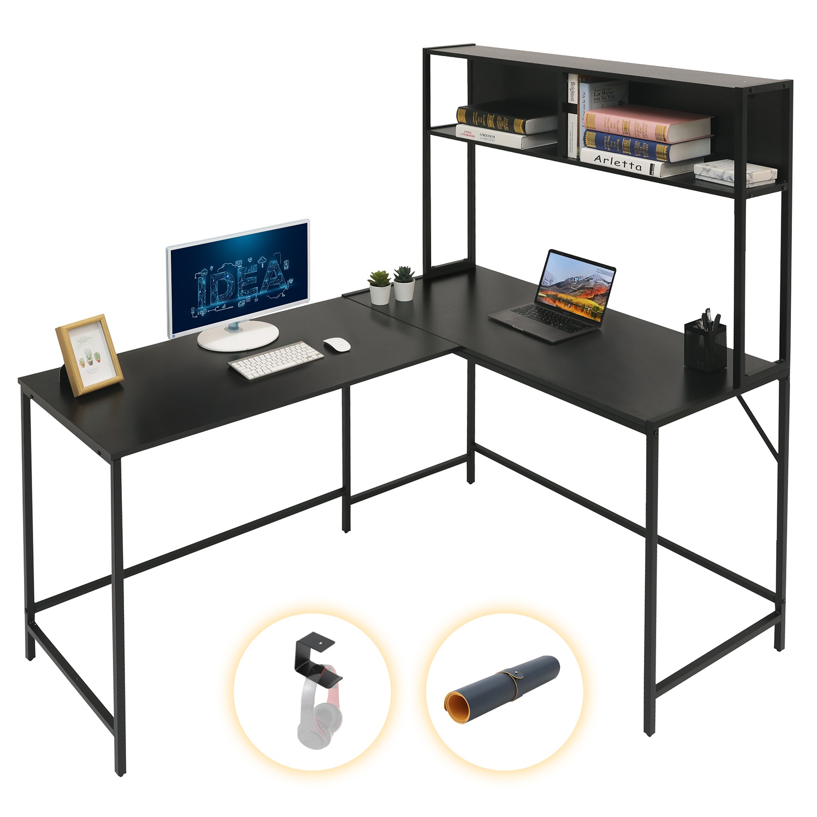 Gome L-Shaped Corner Desk with Hutch - Reversible Computer Writing Desk with Storage Bookshelf, Large PC Study Desk with Shelves, Modern Work Desk Gaming Table for Home Office