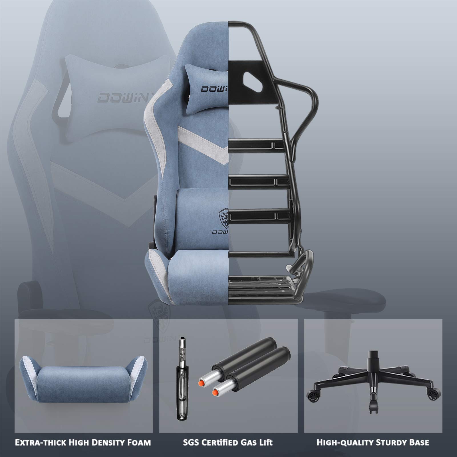 Dowinx Gaming Chair Breathable Fabric Office Chair with Massage Lumbar Support, High Back Ergonomic Comouter Chair Adjustable Swivel Task Chair with Footrest (Blue)