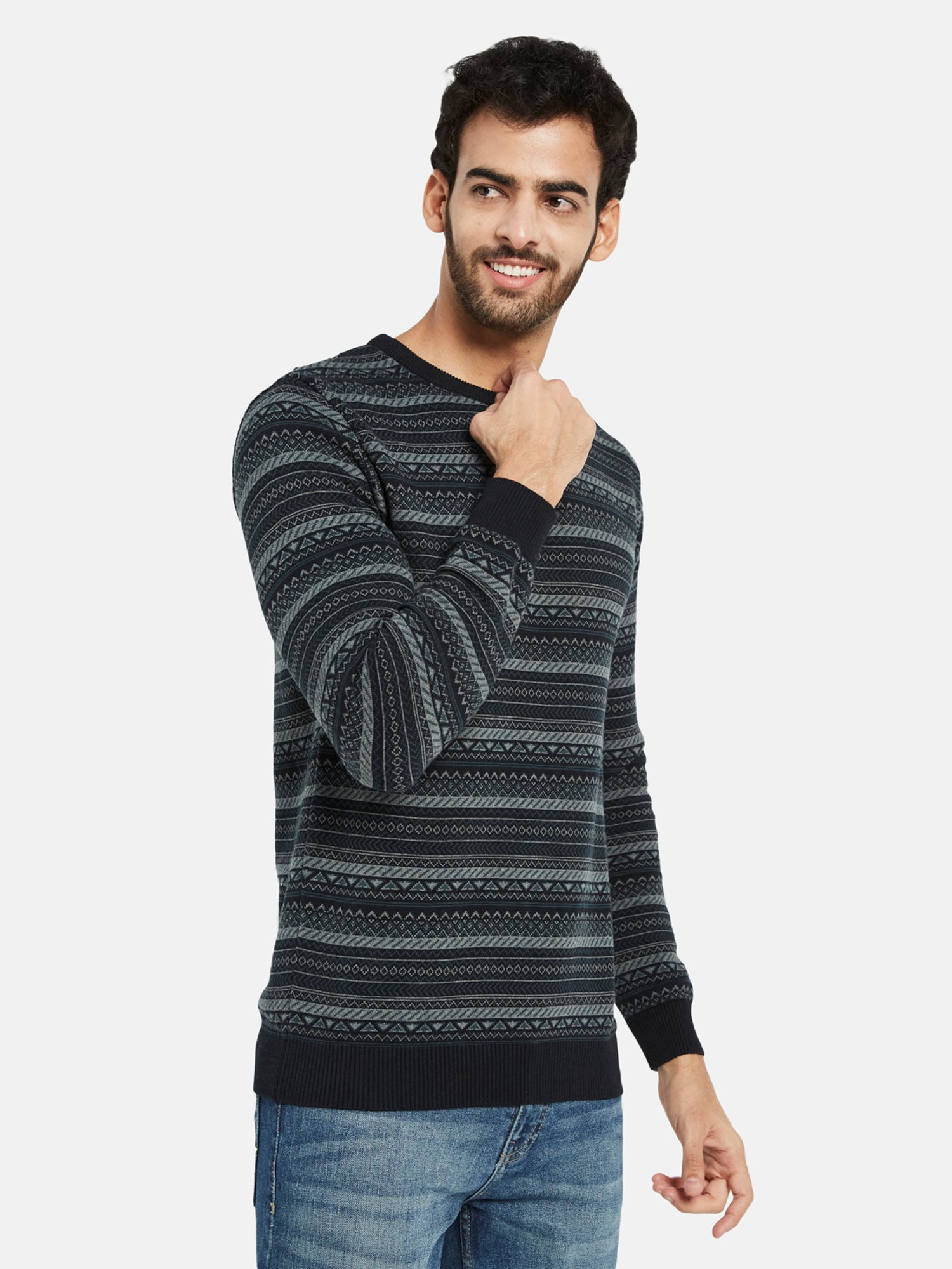 METTLE Dark Navy Regular Fit Striped Sweater