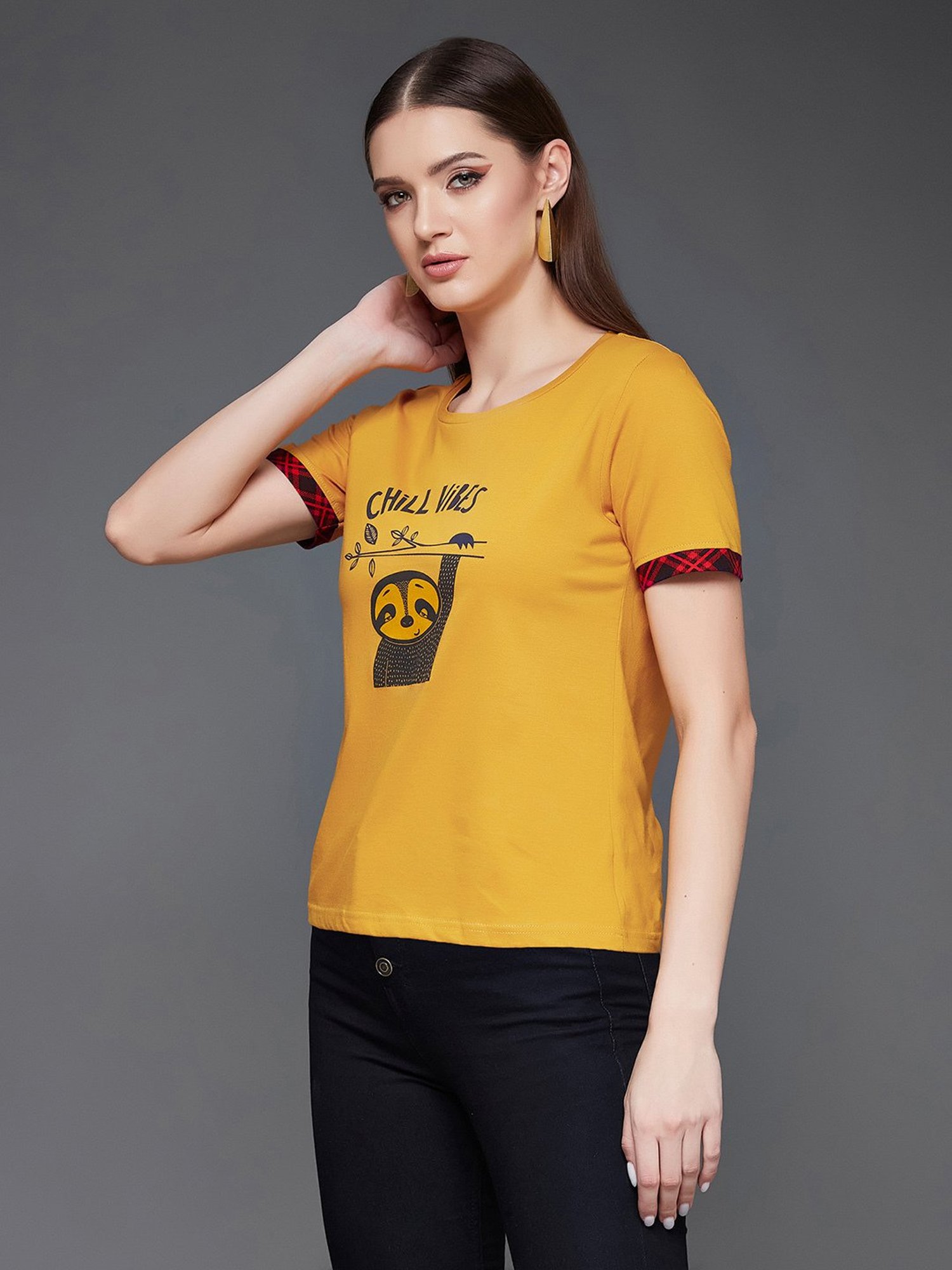 Miss Chase Yellow Cotton Graphic Print T-Shirt