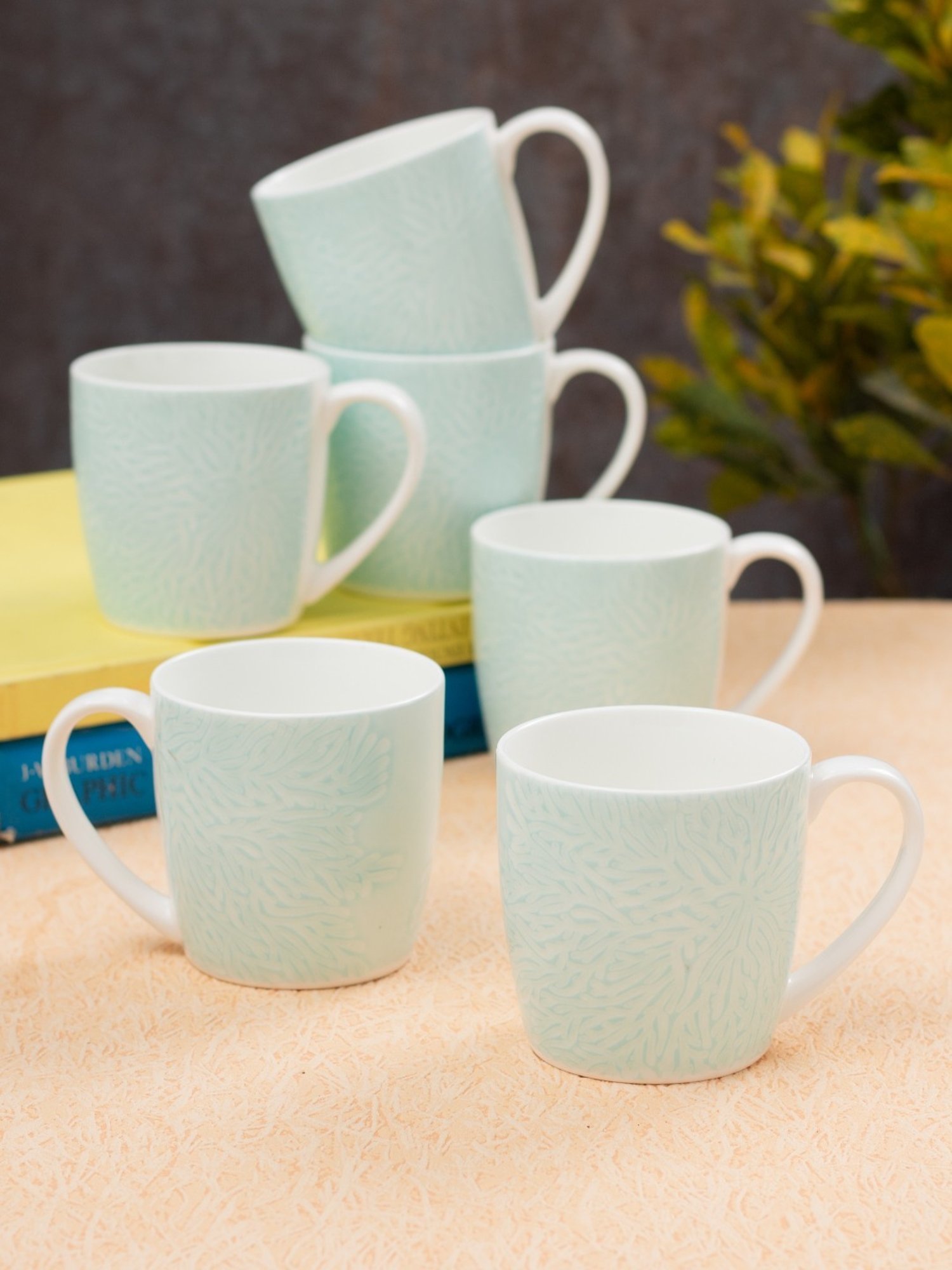 JCPL Printed Green Ceramic Tea Cups- Set of 6 (200 ml each)