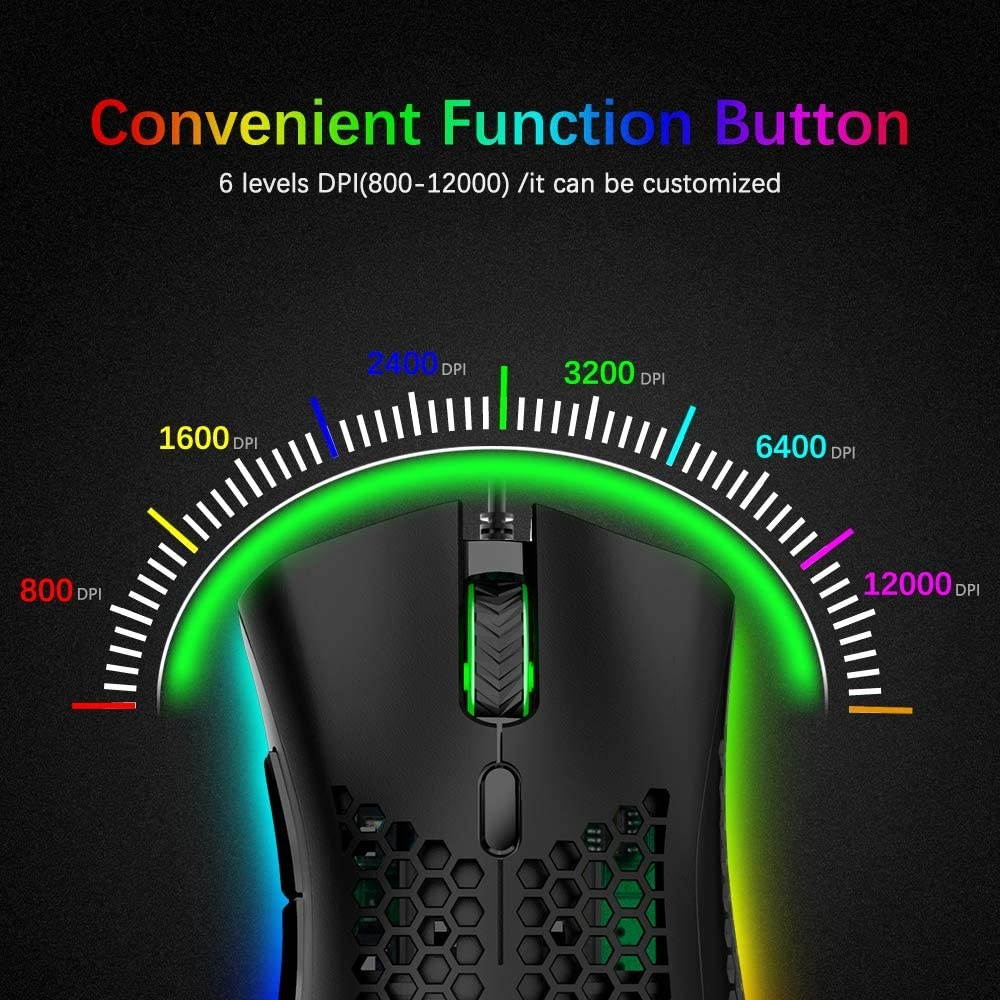 Wired Lightweight Gaming MouseUltralight Honeycomb Shell Ultraweave Cable7 Buttons Programmable DriverPixart 3325 12000 DPI10 RGB Backlit Computer Mouse for PC GamersXboxPS4 Users(Yellow)