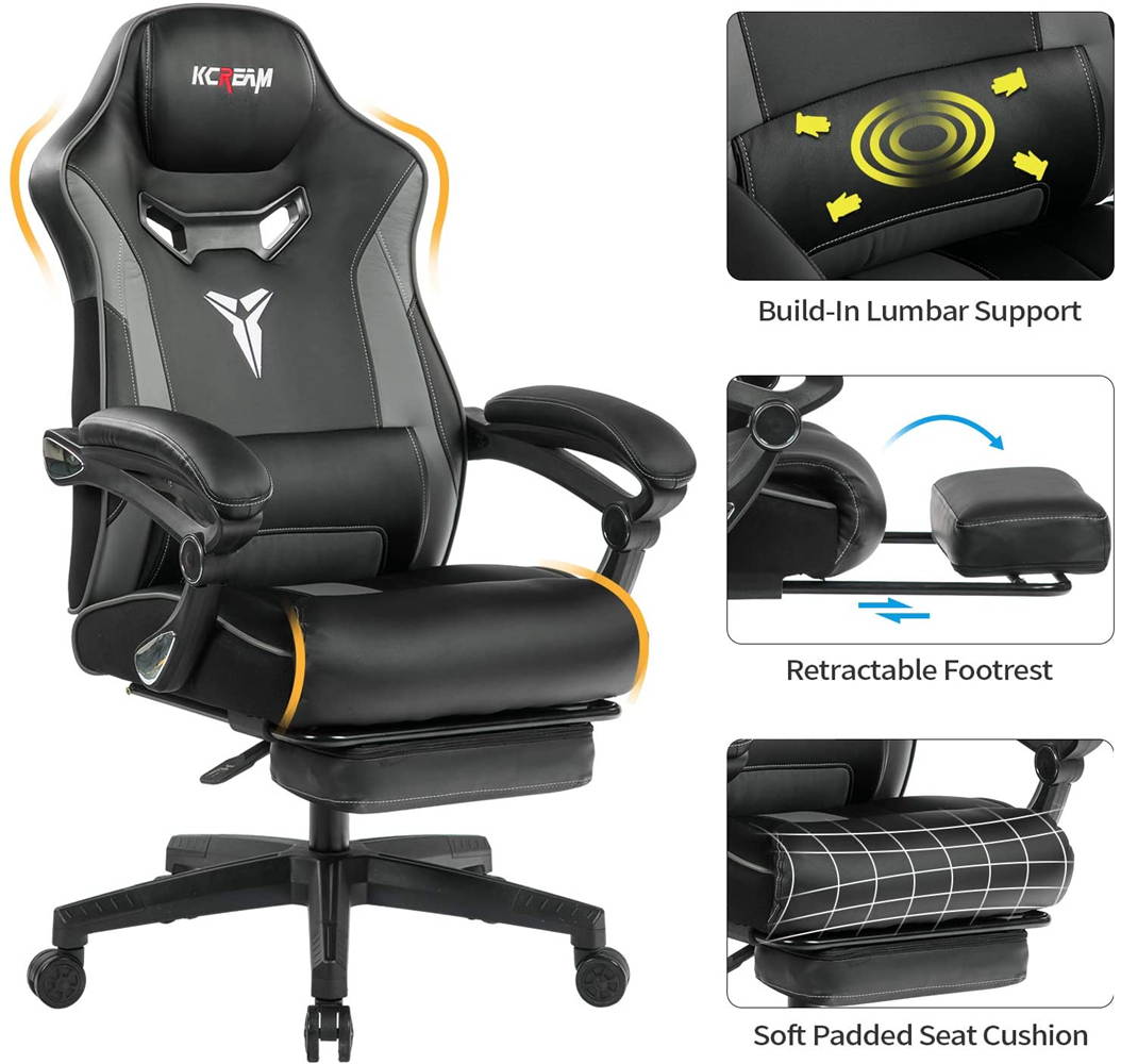 KCREAM Racing Style PC Gamer Chair Large Size Ergonomic Computer Chair with Build-in Lumbar Support Footrest and Adjustable Recliner High Back PU Leather Gaming Chair for Adult