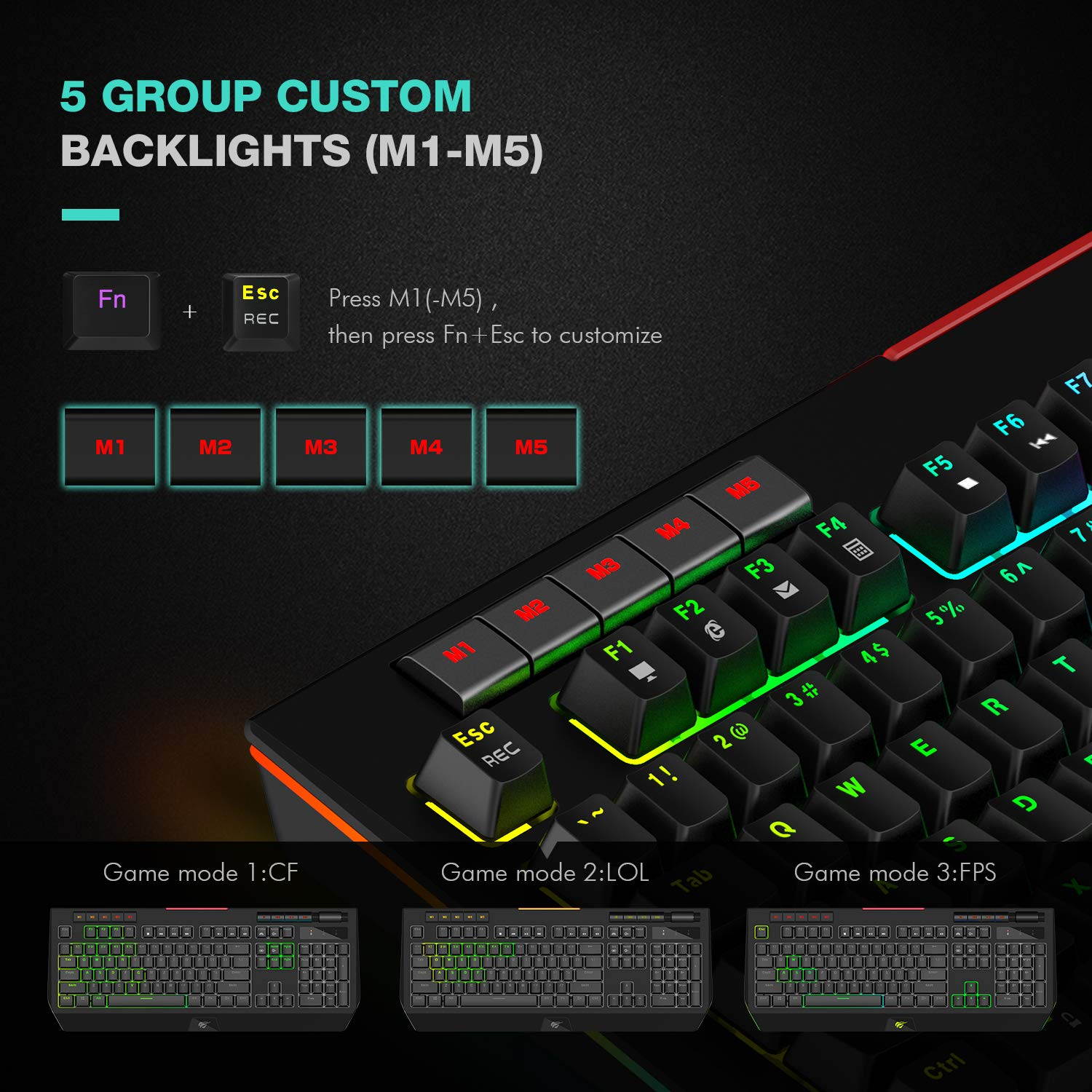 Havit RGB Backlit Mechanical Gaming Keyboard Blue Switch 104 Keys LED Wired Keyboards with Multimedia Keys Volume Control Phone Holder for PC Games