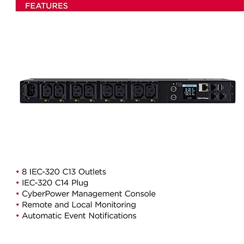 PDU41004 Switched PDU, 100-240V/12A, (Derated to 12A UL /10A CE), 8 Outlets (C13), Input (C14) 10 ft. Cord, 1U Rackmount, 3 Year Warranty - Black