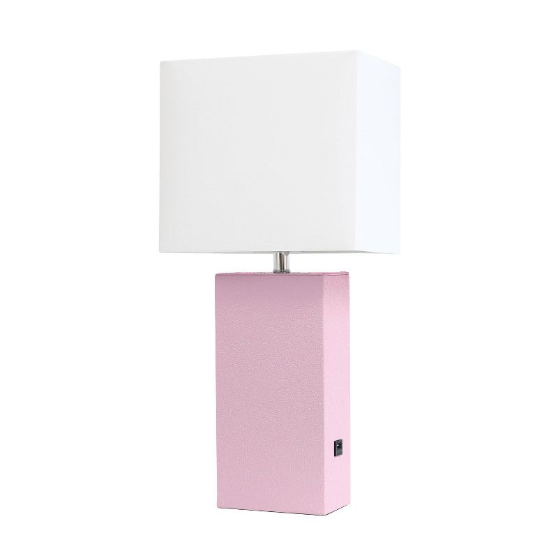 Modern Leather Table Lamp with USB and Fabric Shade Blush Pink - Elegant Designs