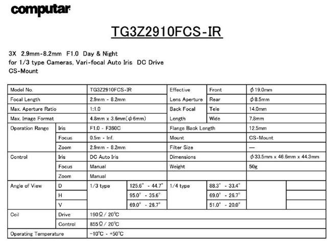 Computar Ganz High Quality CCTV Camera Lens TG3Z2910FCS-IR 1/3" 2.9-8.2mm f1.0 Varifocal, DC Auto Iris (CS Mount) Day/Night IR