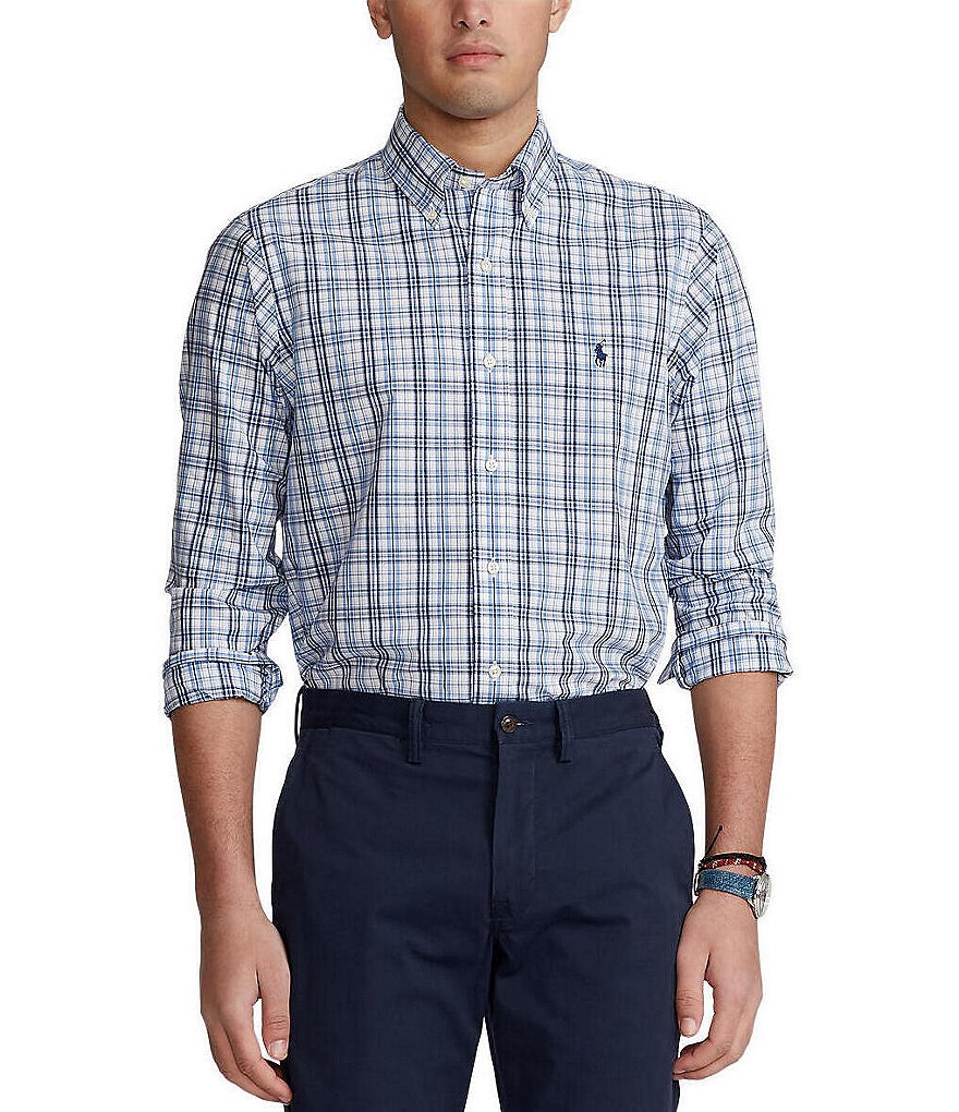 Polo Ralph Lauren Classic-Fit Blue Small Plaid Poplin Stretch Long-Sleeve Woven Shirt