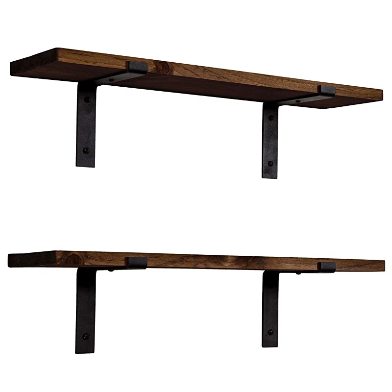 Decor Rustic Wood Floating Shelves Wall Mounted Storage Shelf with L Brackets USA Handmade | Set of 2 24 x 55in Dark Walnut