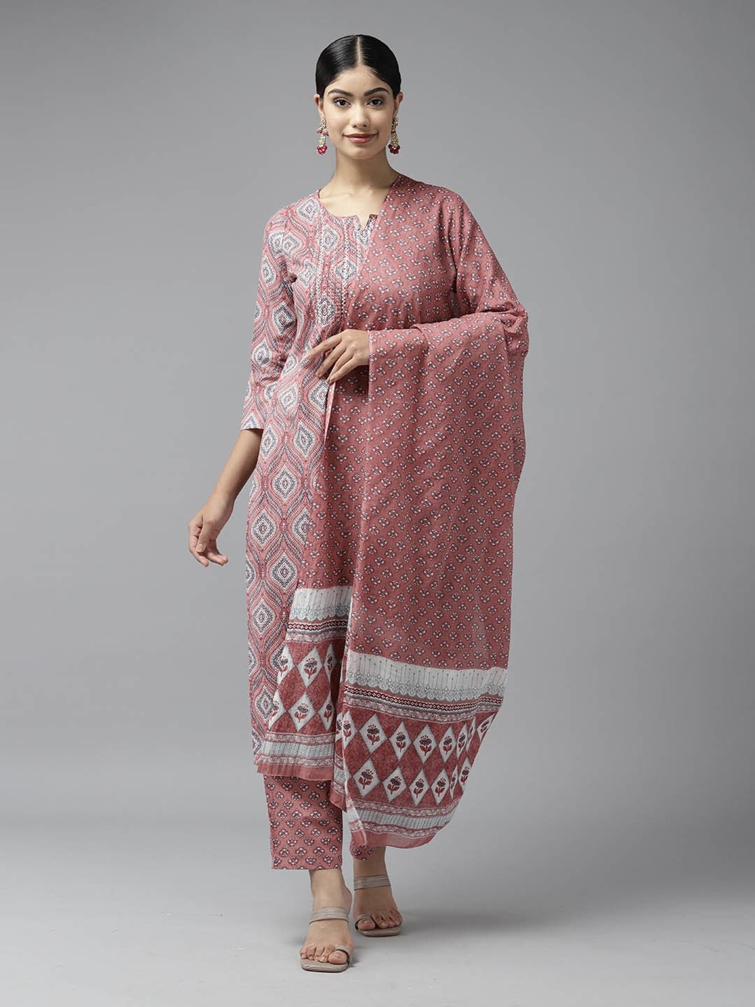 Prakrti Rust Cotton Printed Kurta With Pant & Dupatta