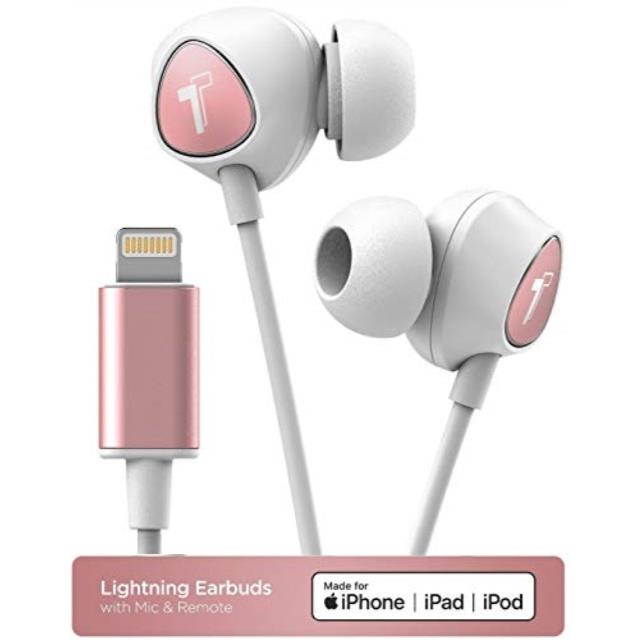 thore updated 2018 wired in ear headphones for iphone xr, xs max earphones with mic white/rose gold lightning mfi certified by apple earbuds remote microphone volume v100 retail packaging