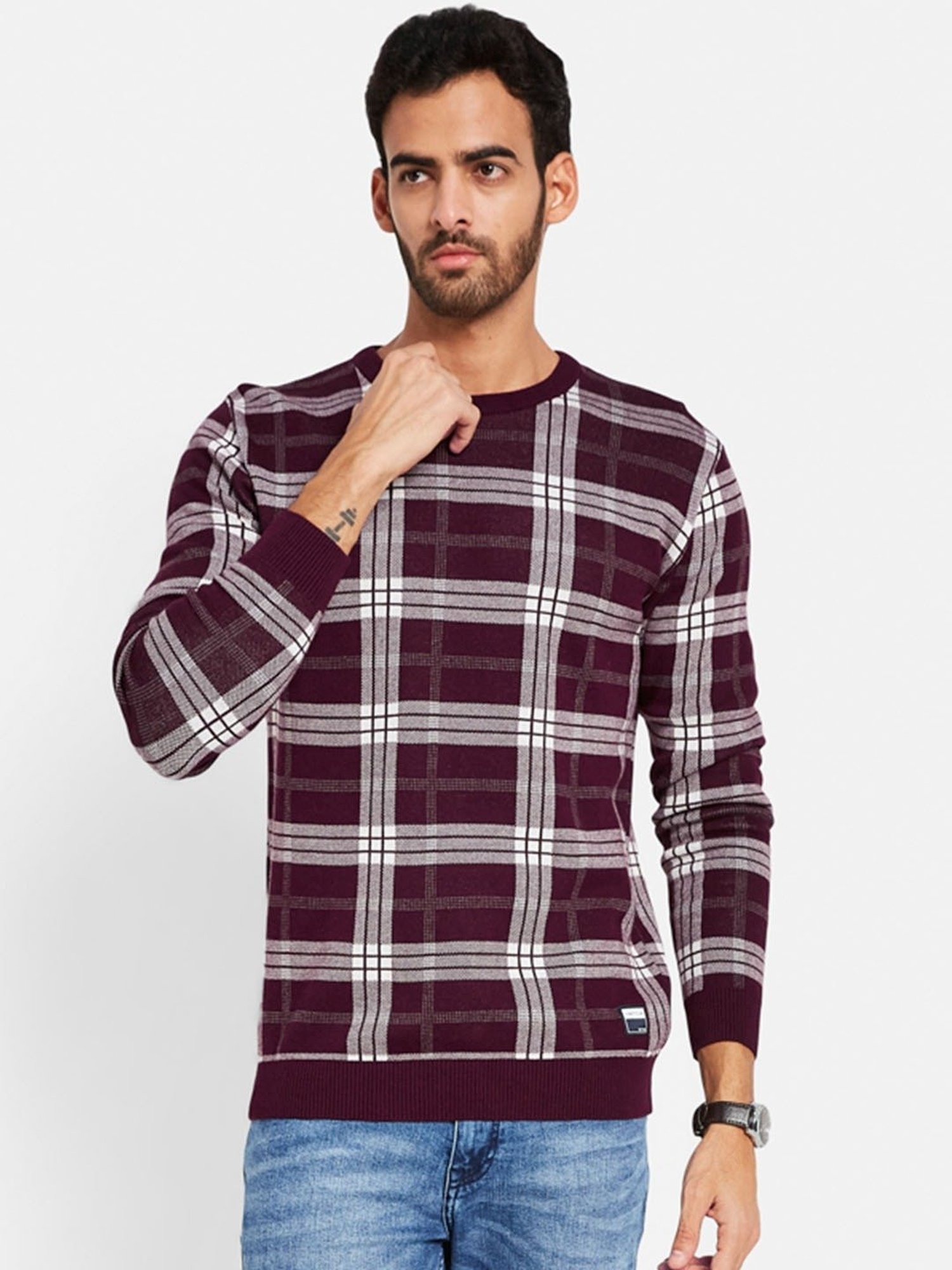 METTLE Maroon Cotton Regular Fit Checks Sweater