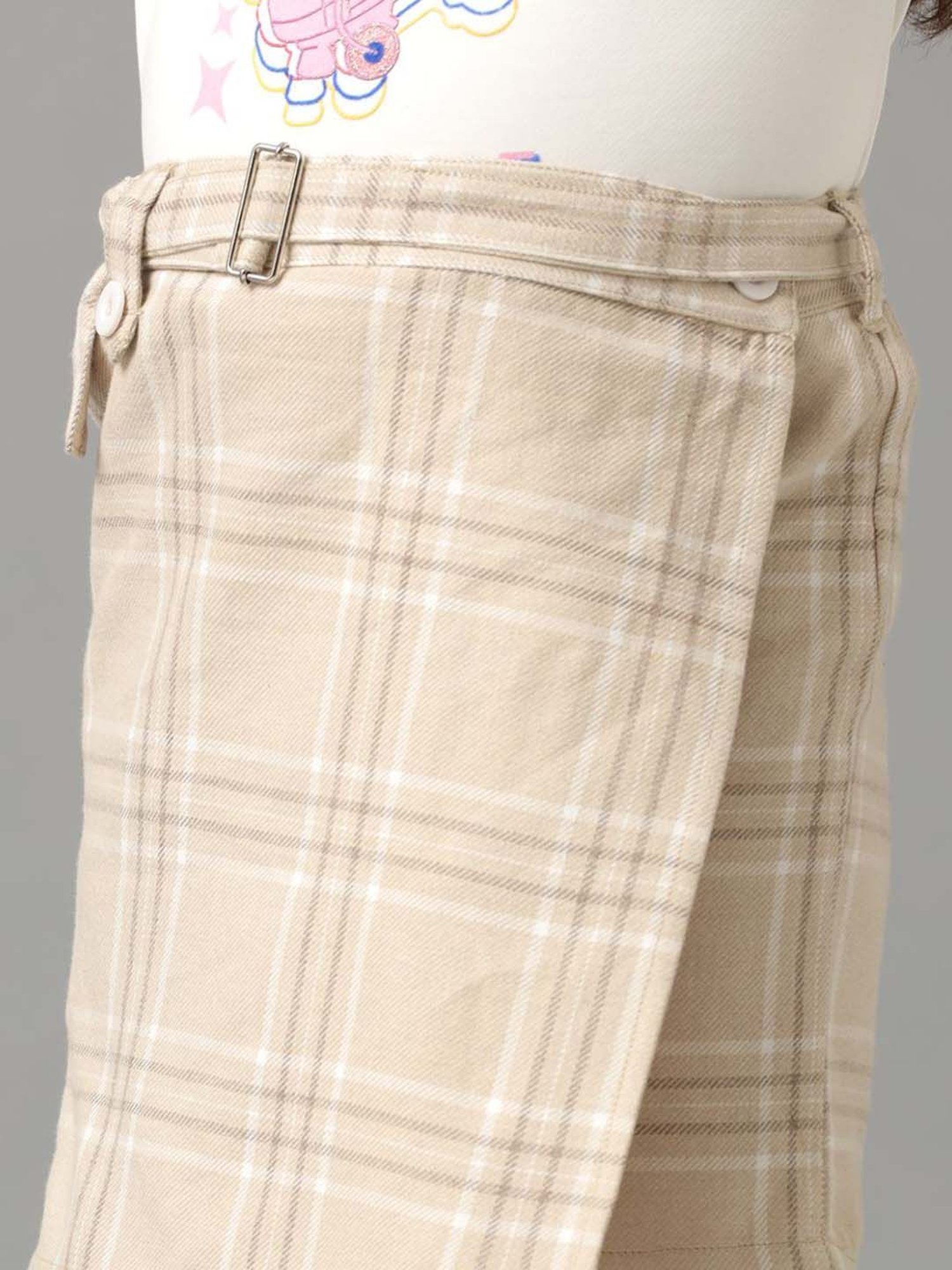 Under Fourteen Only Kids Beige Cotton Chequered Full Sleeves Skirt