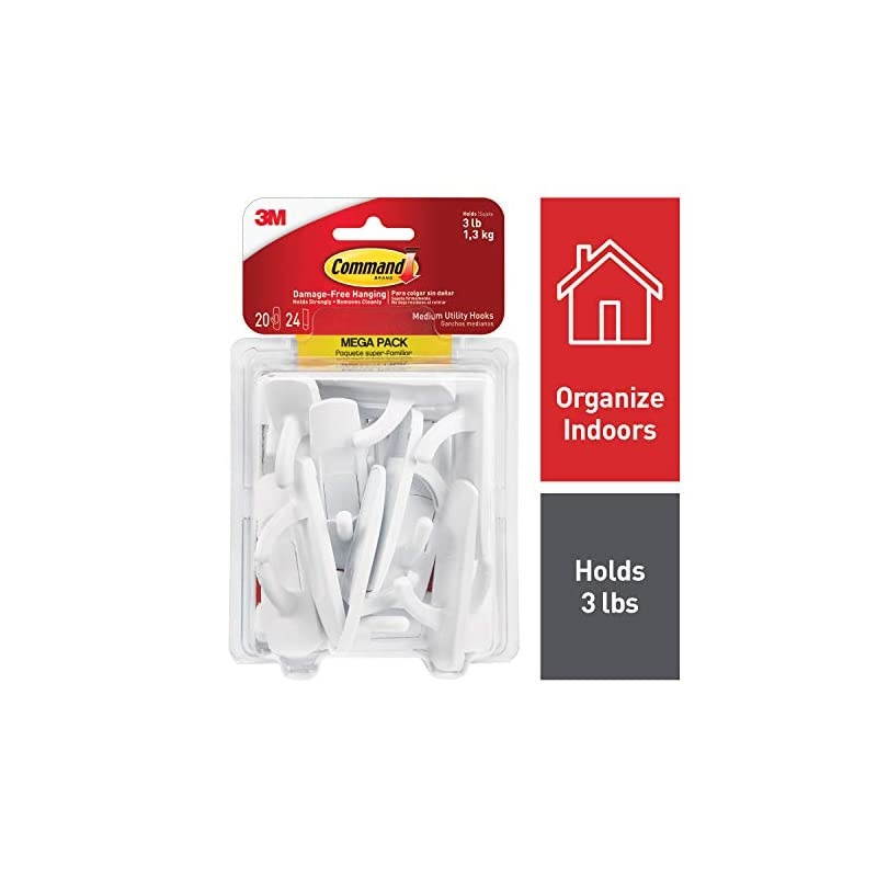Medium Utility Hooks Mega Pack, White, 20-Hooks, 24-Strips, Organize Damage-Free