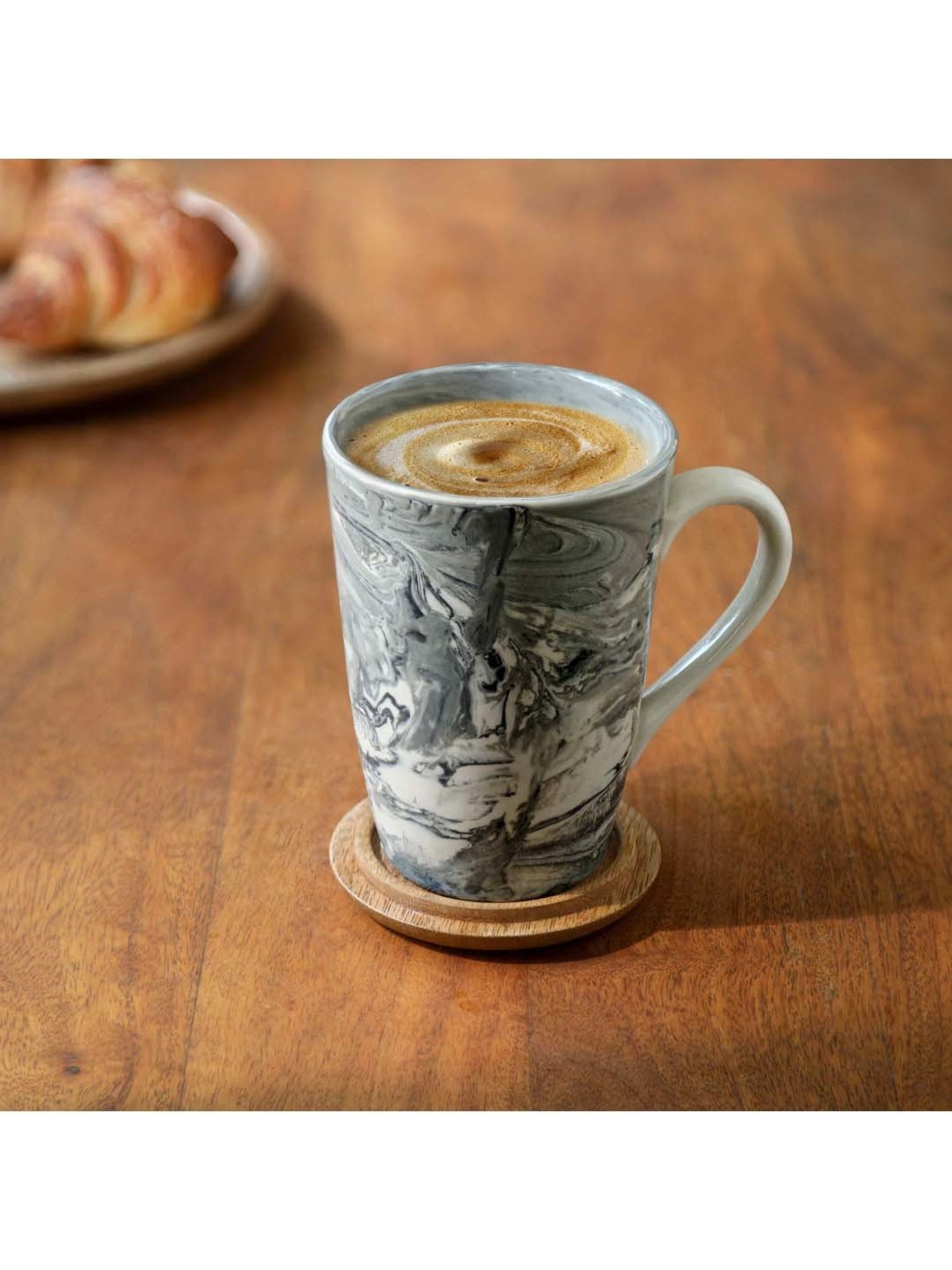 Ellementry Coral Black Ceramic Tall Coffee Mug With Wooden Lid (0.35 L) - Set of 1