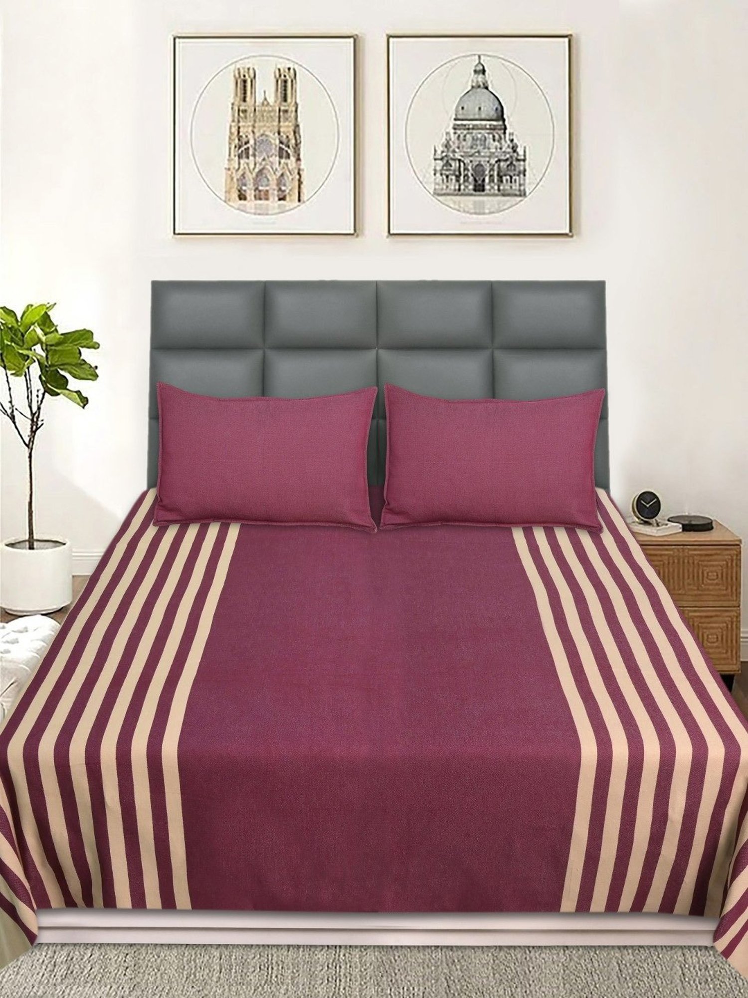 Saral Home Balanced Handmade Stripes Maroon 200 TC Cotton Queen Bedsheet with 2 Pillow Covers
