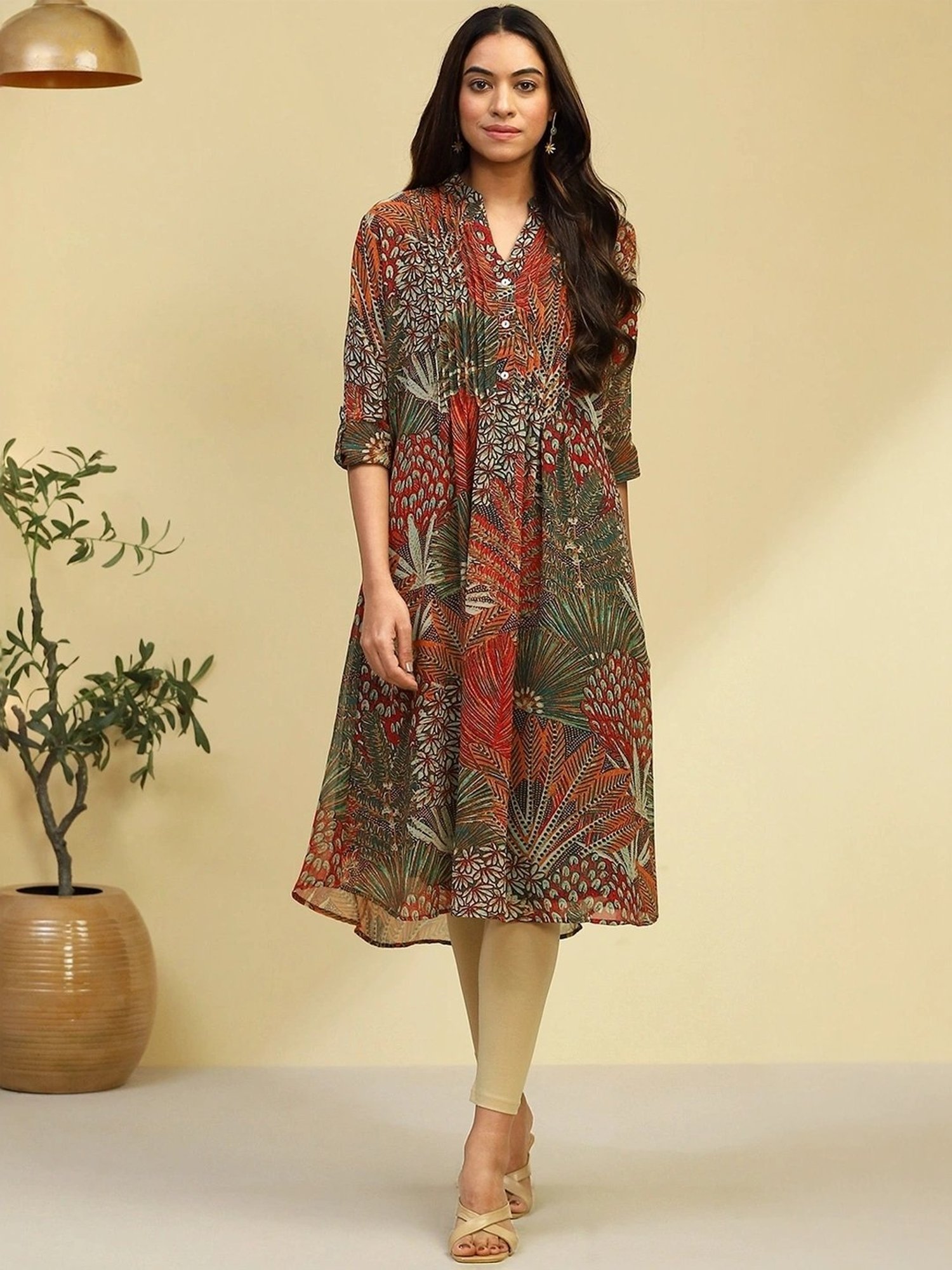 Biba Green & Orange Printed A Line Kurta