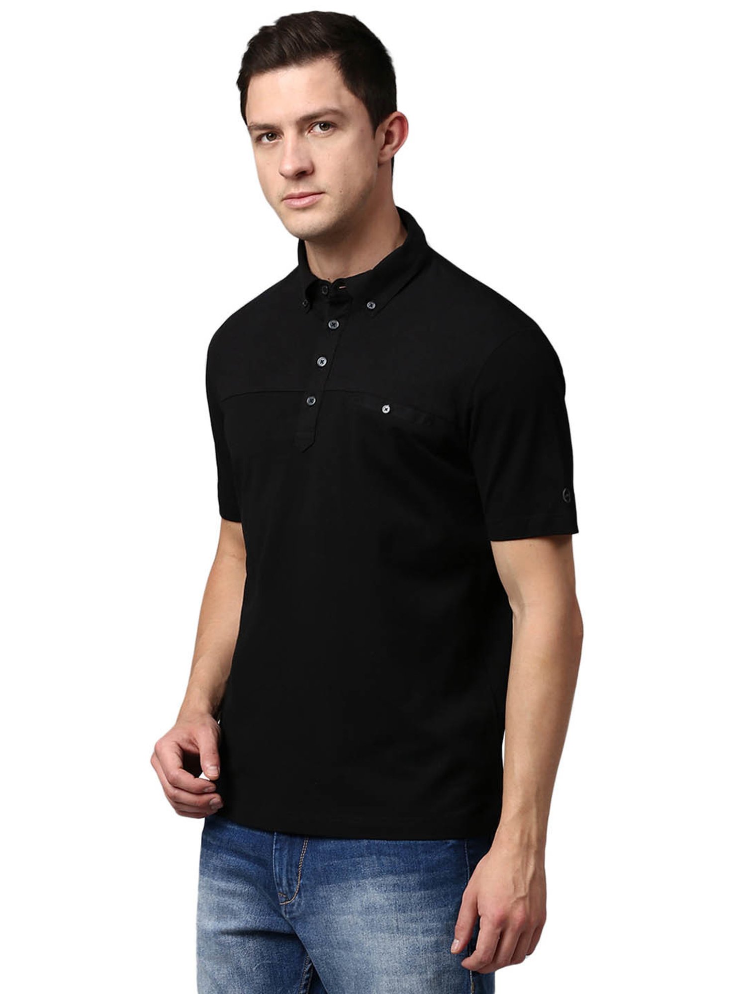 Slowave Black Cotton Regular Fit Polo T-Shirt