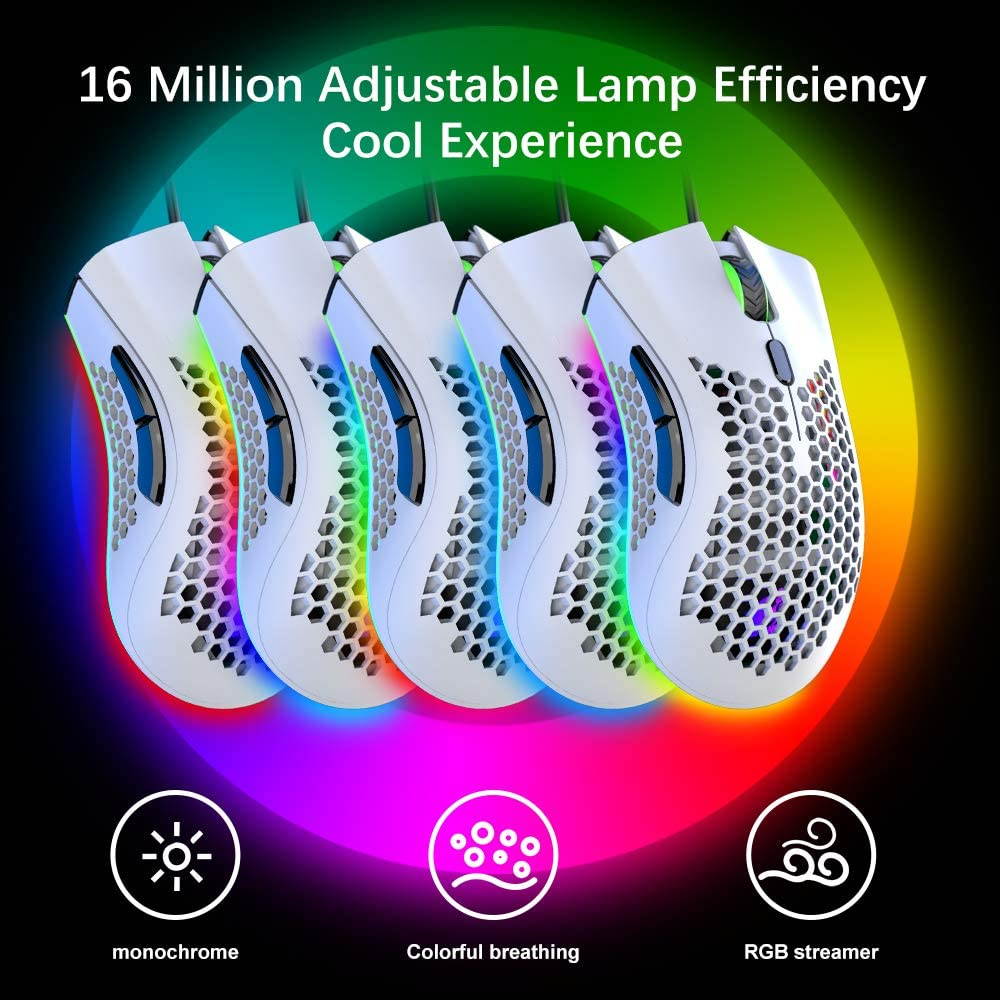 Wired Lightweight Gaming Mouse,Ultralight Honeycomb Shell Ultraweave Cable,7 Buttons Programmable Driver,Pixart 3325 12000 DPI,10 RGB Backlit Computer Mouse for PC Gamers,Xbox,PS4 Users