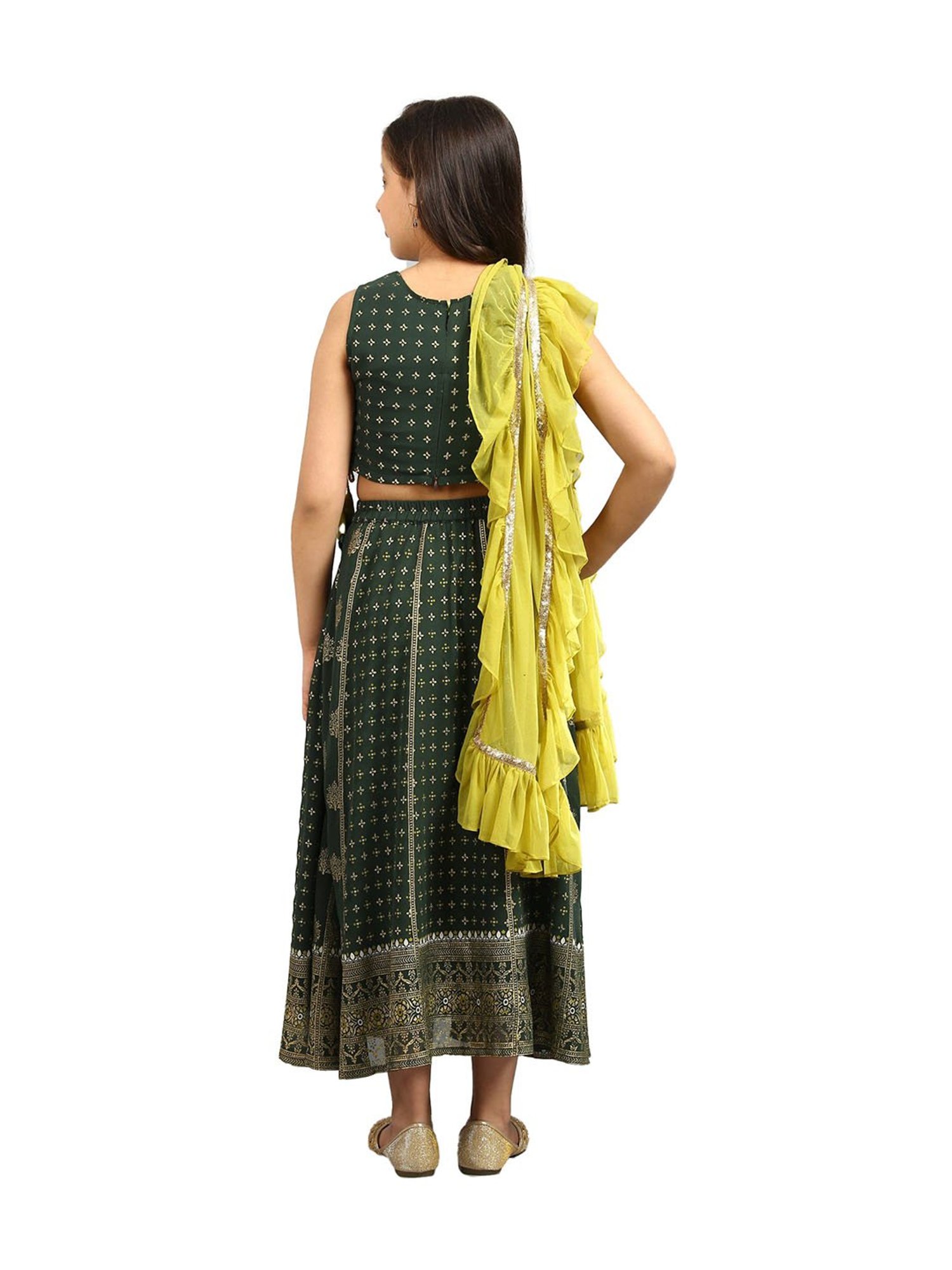 Aurelia Kids Green & Yellow Embellished Top, Skirt with Dupatta