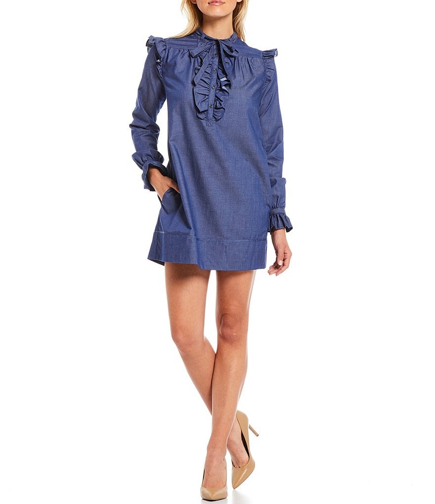 LDT Francesca Long Sleeve Band Collar Tie Neck Ruffled Mini Chambray Shirt Dress