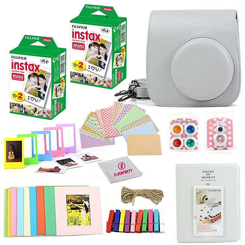 Instax Mini Instant Film Two Twin Packs 40 Sheets + Protective Case + 40 Sticker Frames + Picture Frames + Photo Album + Microfiber Cleaning Cloth + More Accessories Smokey White