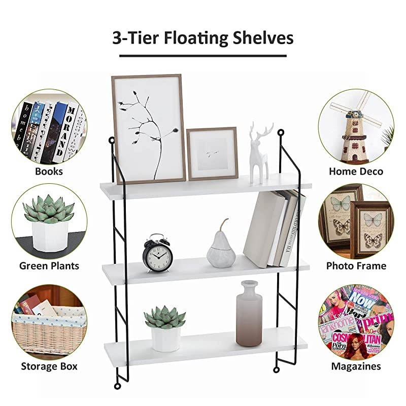 Shelves Wall Mounted, Industrial Metal Frame Wood Wall Storage Shelves for Bedroom, Living Room, Bathroom, Kitchen, Office and More, 3 Tier(White)