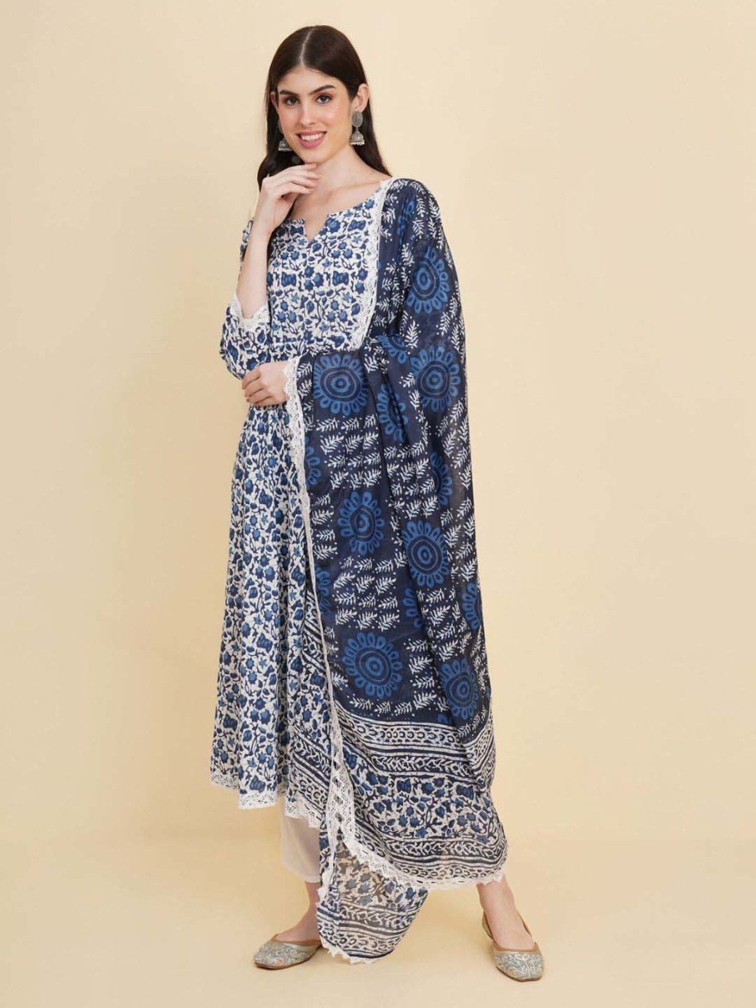 Odette Blue Printed Kurta & Pant Set with Dupatta
