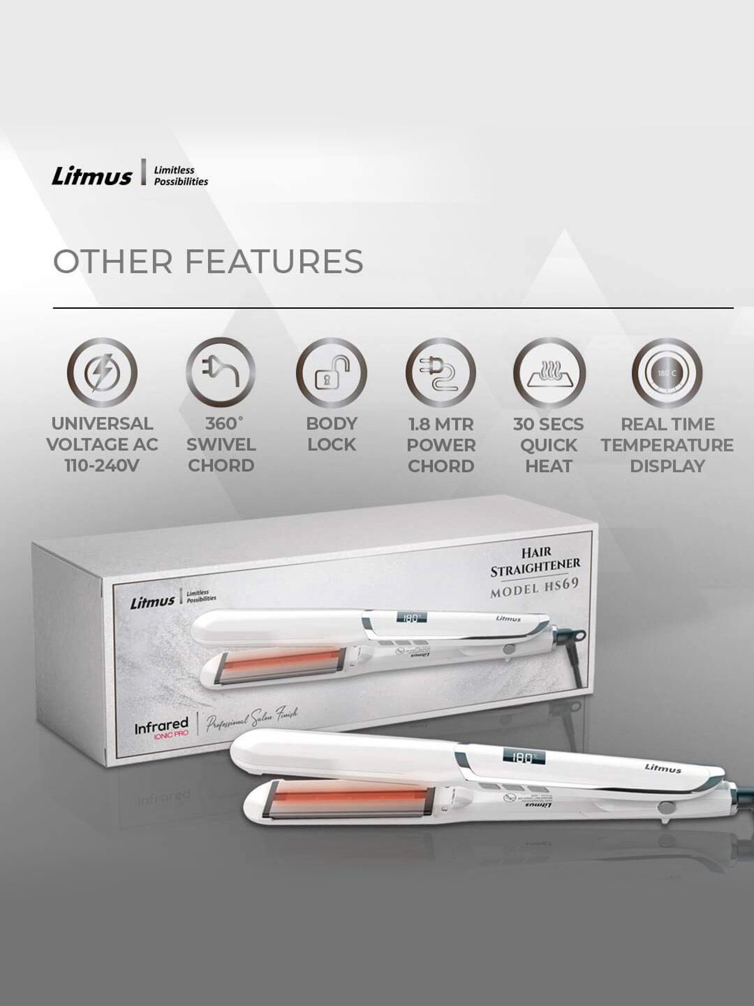 Litmus Infrared HS-69 Hair Straightener (Silver/White)