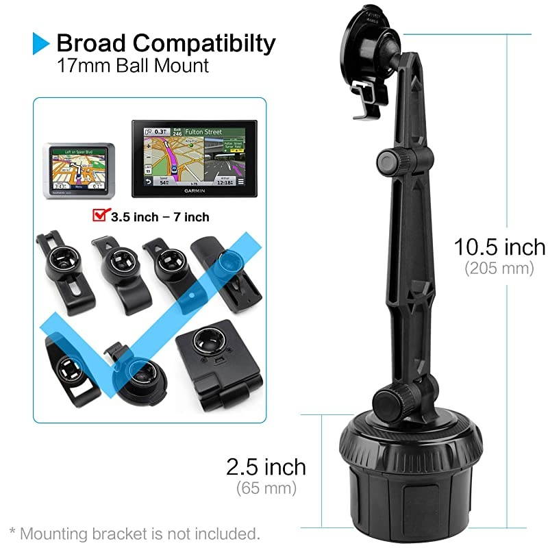 Car Mount Cup Holder with Adjustable Arm for Garmin - Replacement Cupholder Ball Mount for Garmin Nuvi Dezl Drive Drivesmart Zumo Driveassist DriveLuxe StreetPilot RV Portable Navigator