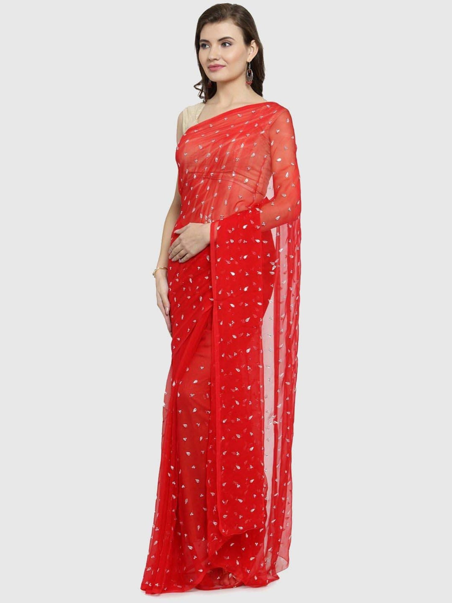 Geroo Jaipur Red Embellished Saree With Unstitched Blouse