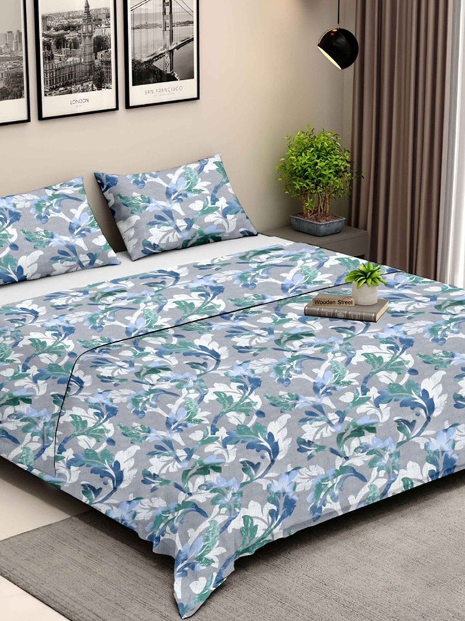 Ariana Rome Floral Blue 210 TC Cotton Super king Bedsheet with 2 Pillow Covers