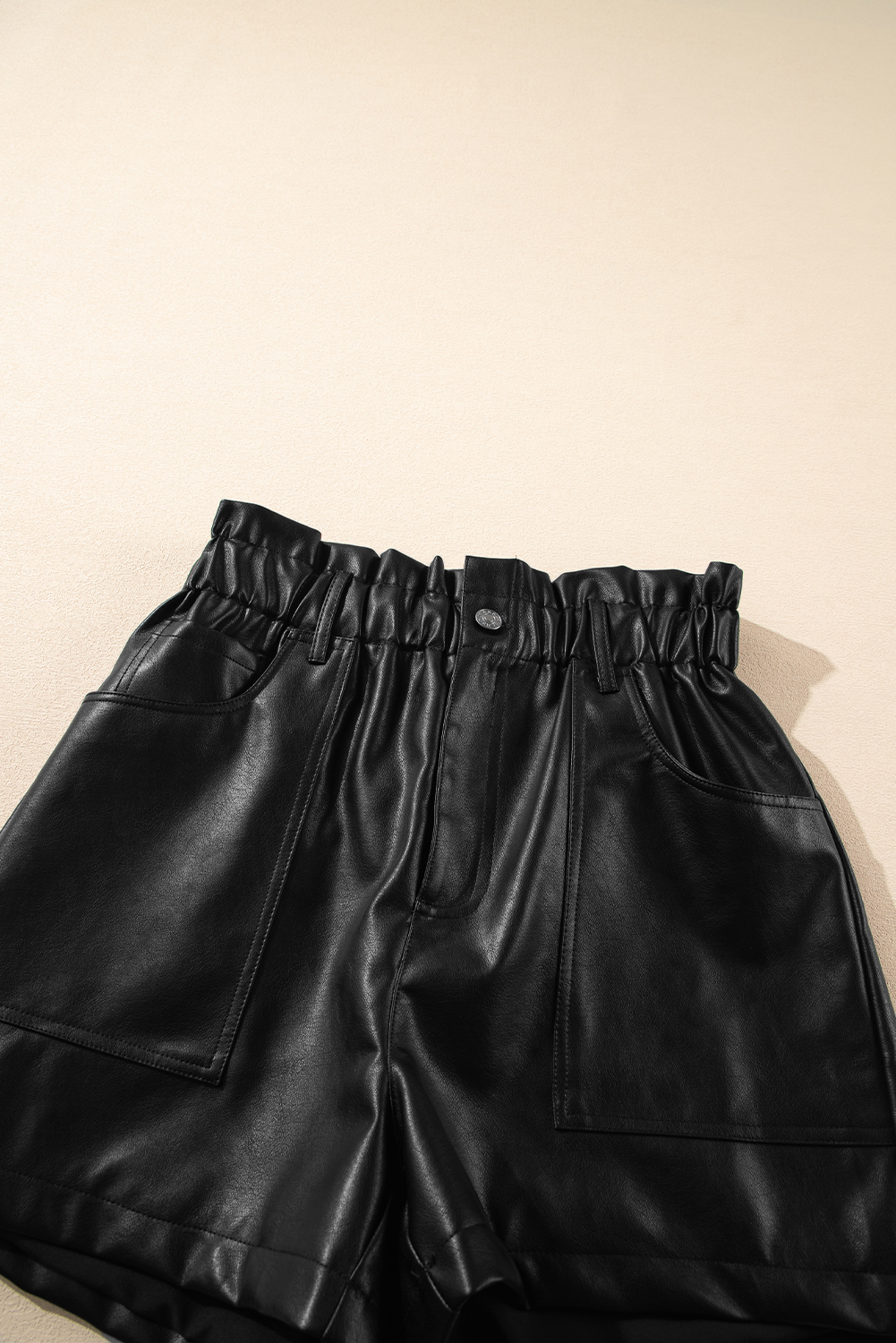 Black Faux Leather Paper Bag Frill Waist Shorts
