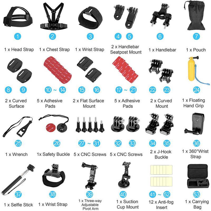 ROME CARE 52 in 1 Action Camera Accessories Kit for GoPro Hero 9 8 7 6 5 4 3+ 3 2 Accessory Bundle Set Compatible with AKASO, SJCAM, Campark, DJI OSMO, APEMAN Action Camera(Black)