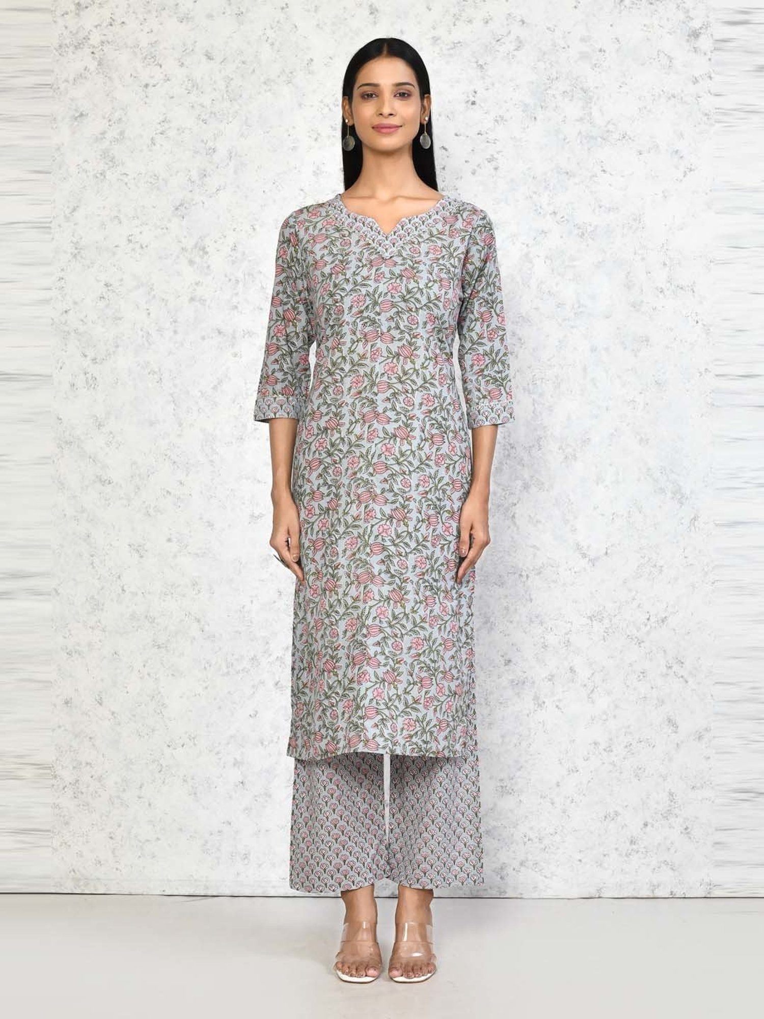 Miravan Blue Cotton Printed Kurta Palazzo Set